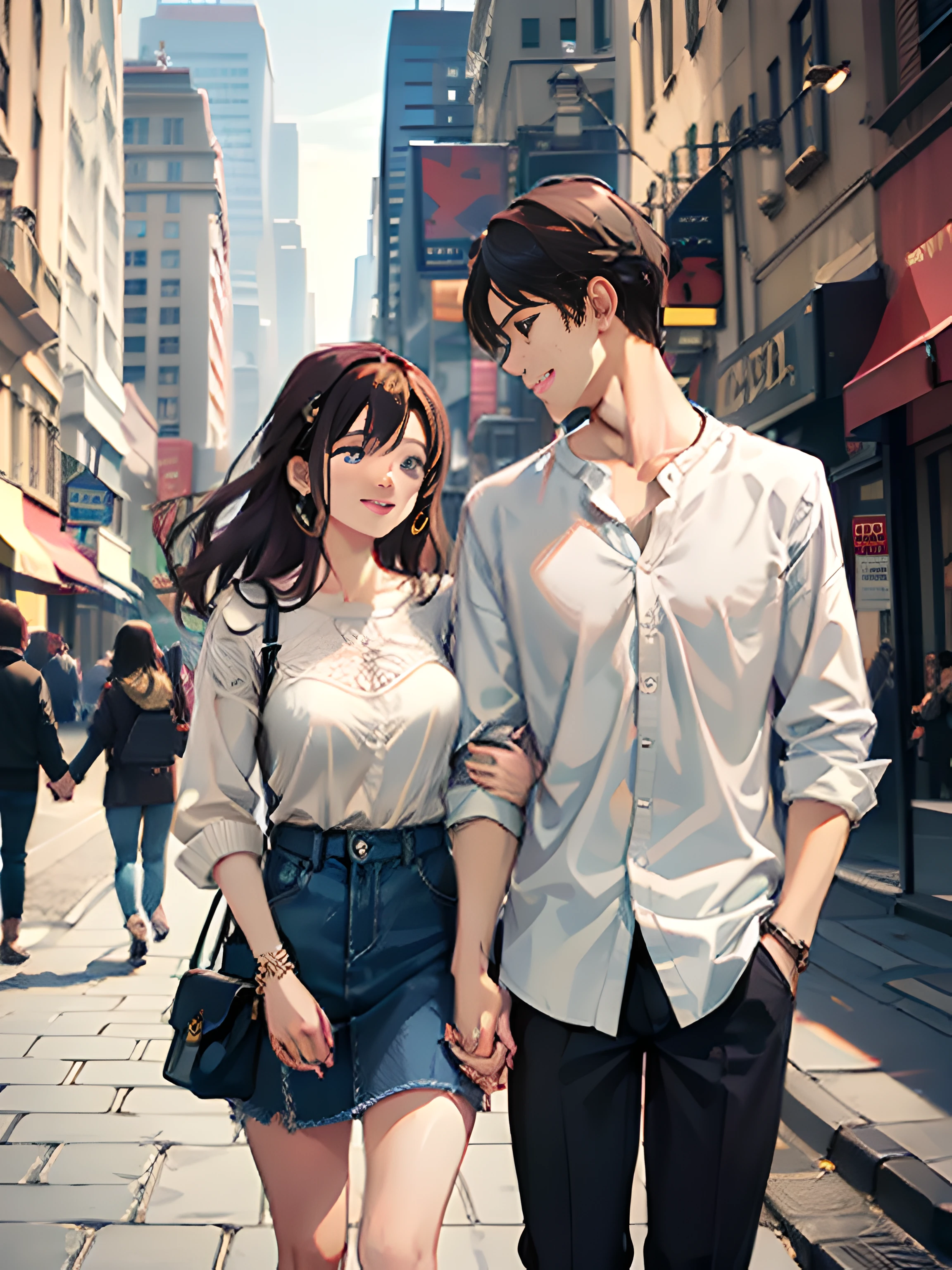 masterpiece, best quality, 2others, couple, 1man with 1woman, mature, adult, Height difference, different fashion, different color, finely detailed eyes and detailed face, intricate details, casual clothes, oversized shirt, modern urban street, holding hands, smile, happy, love