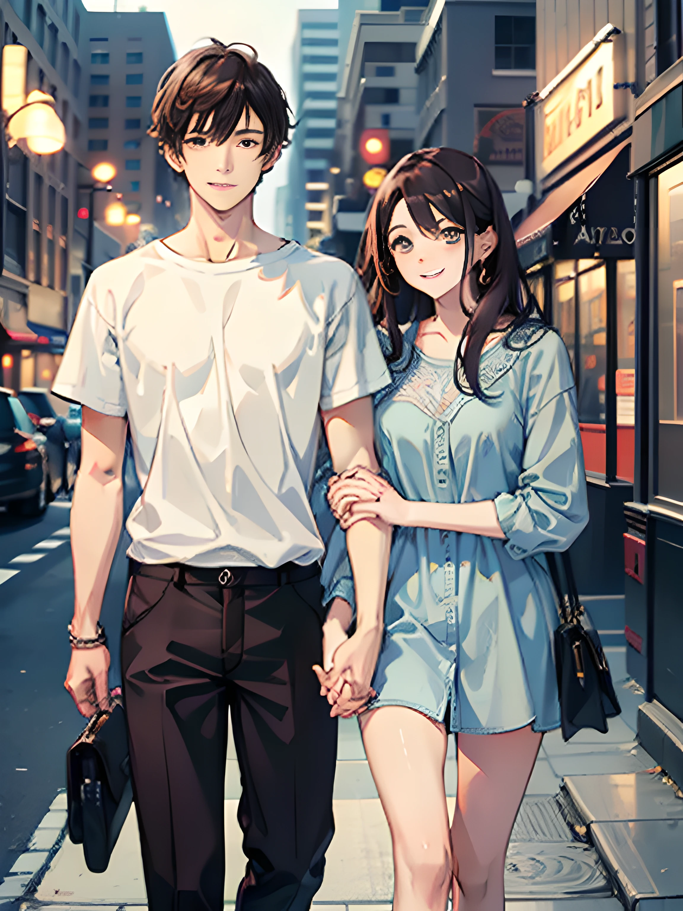 masterpiece, best quality, 2others, couple, 1man with 1woman, mature, adult, Height difference, different fashion, different color, finely detailed eyes and detailed face, intricate details, casual clothes, oversized shirt, modern urban street, holding hands, smile, happy, love