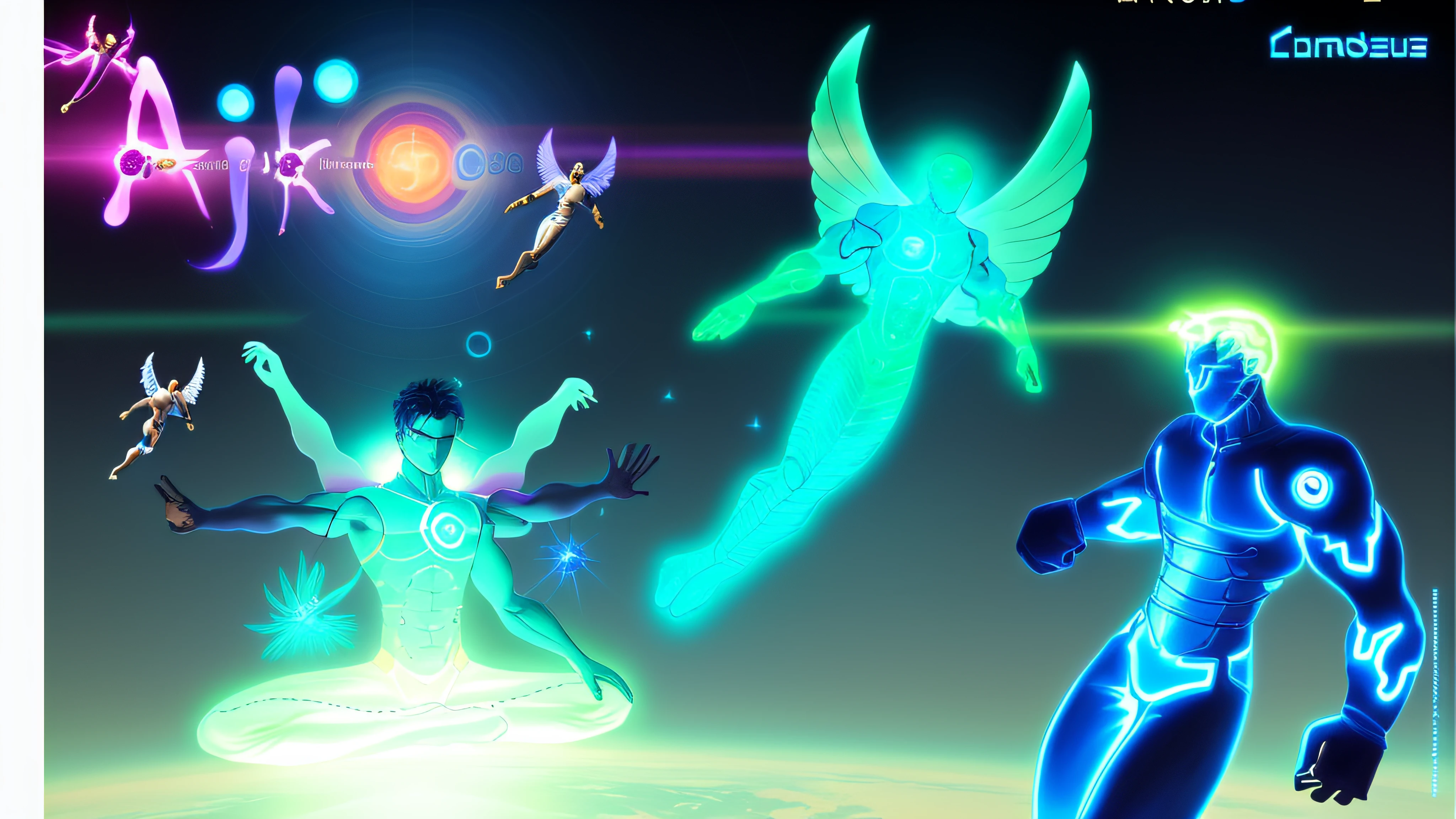 There are three different images of various men with different poses, A man with six arms, some cosmic angels, energetic beings patrolling, inspirado em Hiromu Arakawa, arte de fundo, Energy Dynamic Pose, poder auras, Potencializando a Aura, an epic anime of a energy man, energia do toro, seres solares, Transhumanist Dance, inspired by Mœbius, 8k, ultra realista
