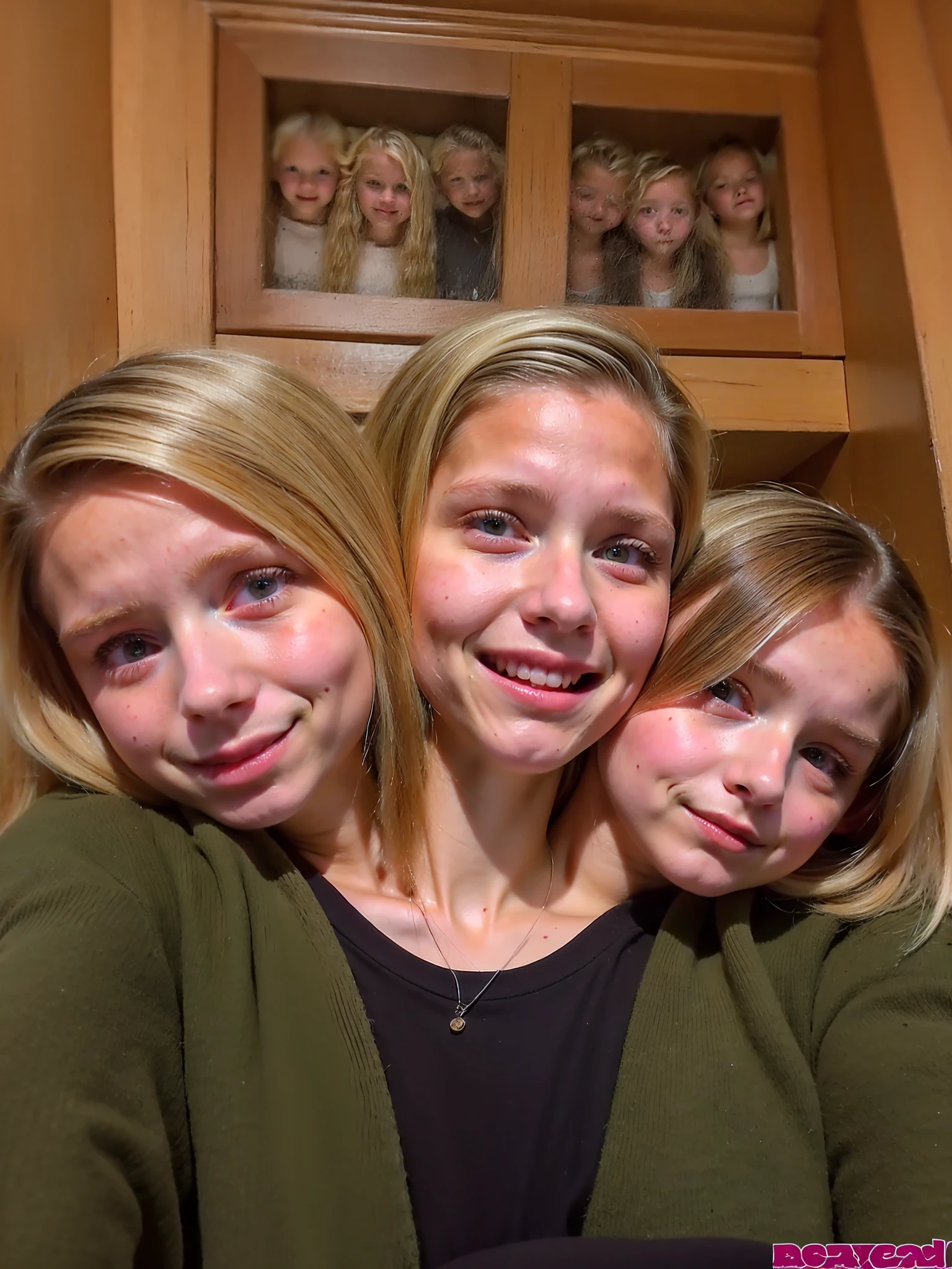 2heads, two headed girl, (12 year old girl:1.5), (female:1.5), (blonde:1.5), (two heads attached to one body:1.4), conjoined twins, heads side by side, one torso, young, uncomfortable, barefoot