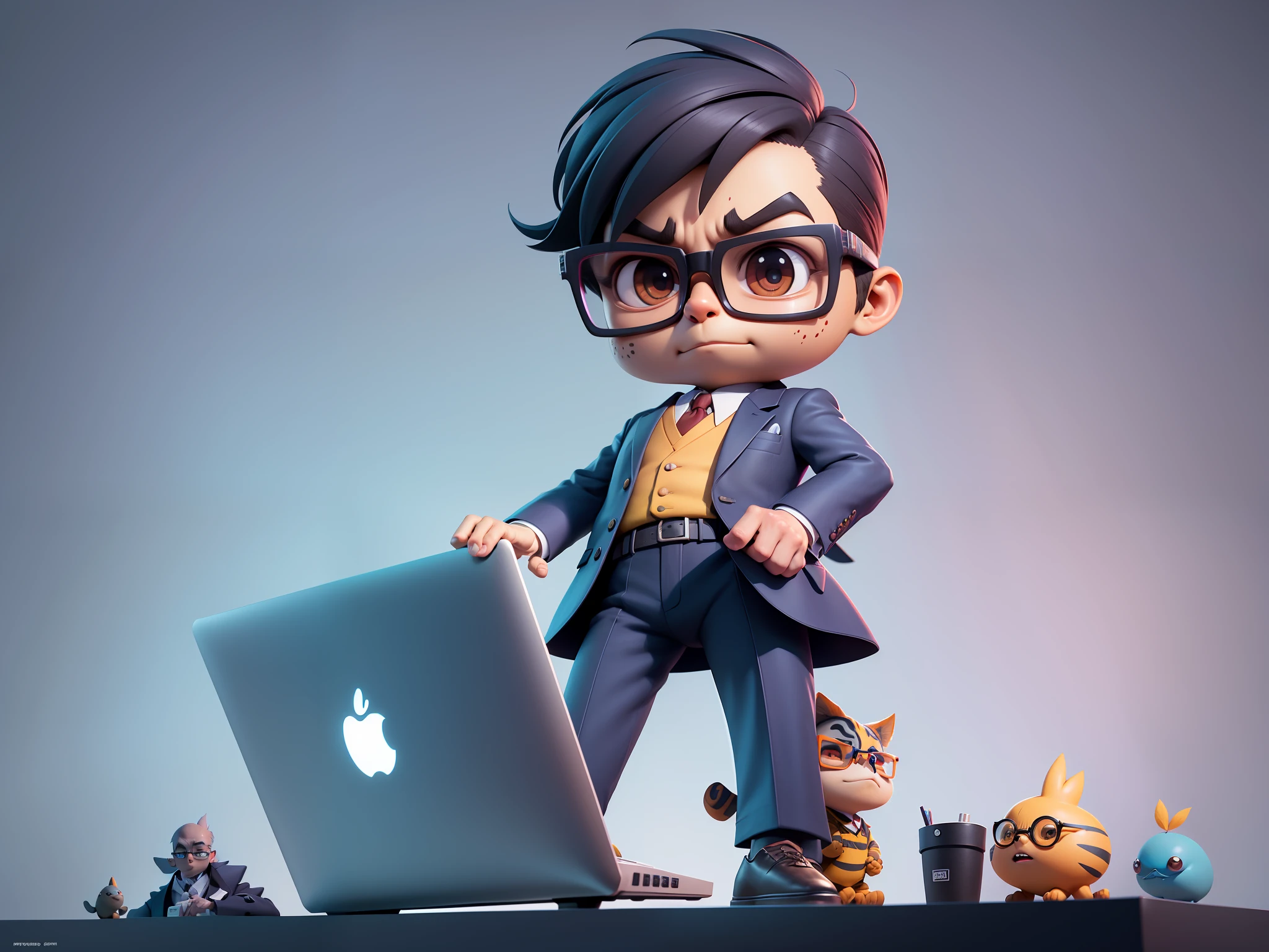 A young man in a suit, Short hair and glasses sat at his desk,holding laptop,digitial painting,tigre,3D character design by Mark Clairen and Pixar and Hayao Miyazaki and Akira Toriyama,4K HD illustration,Very detailed facial features and cartoon-style visuals。