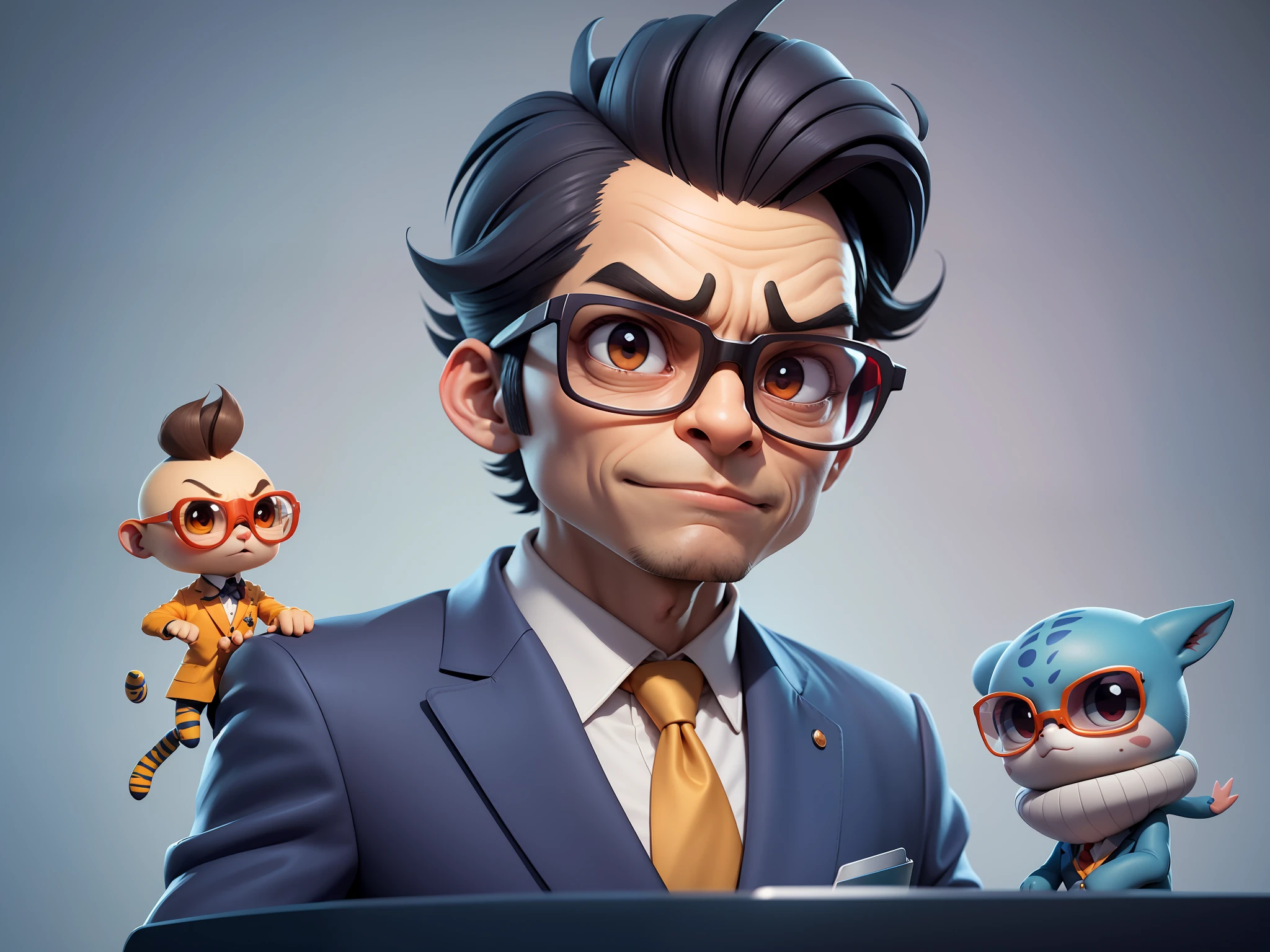 A young man in a suit, Short hair and glasses sat at his desk,holding laptop,digitial painting,tigre,3D character design by Mark Clairen and Pixar and Hayao Miyazaki and Akira Toriyama,4K HD illustration,Very detailed facial features and cartoon-style visuals。