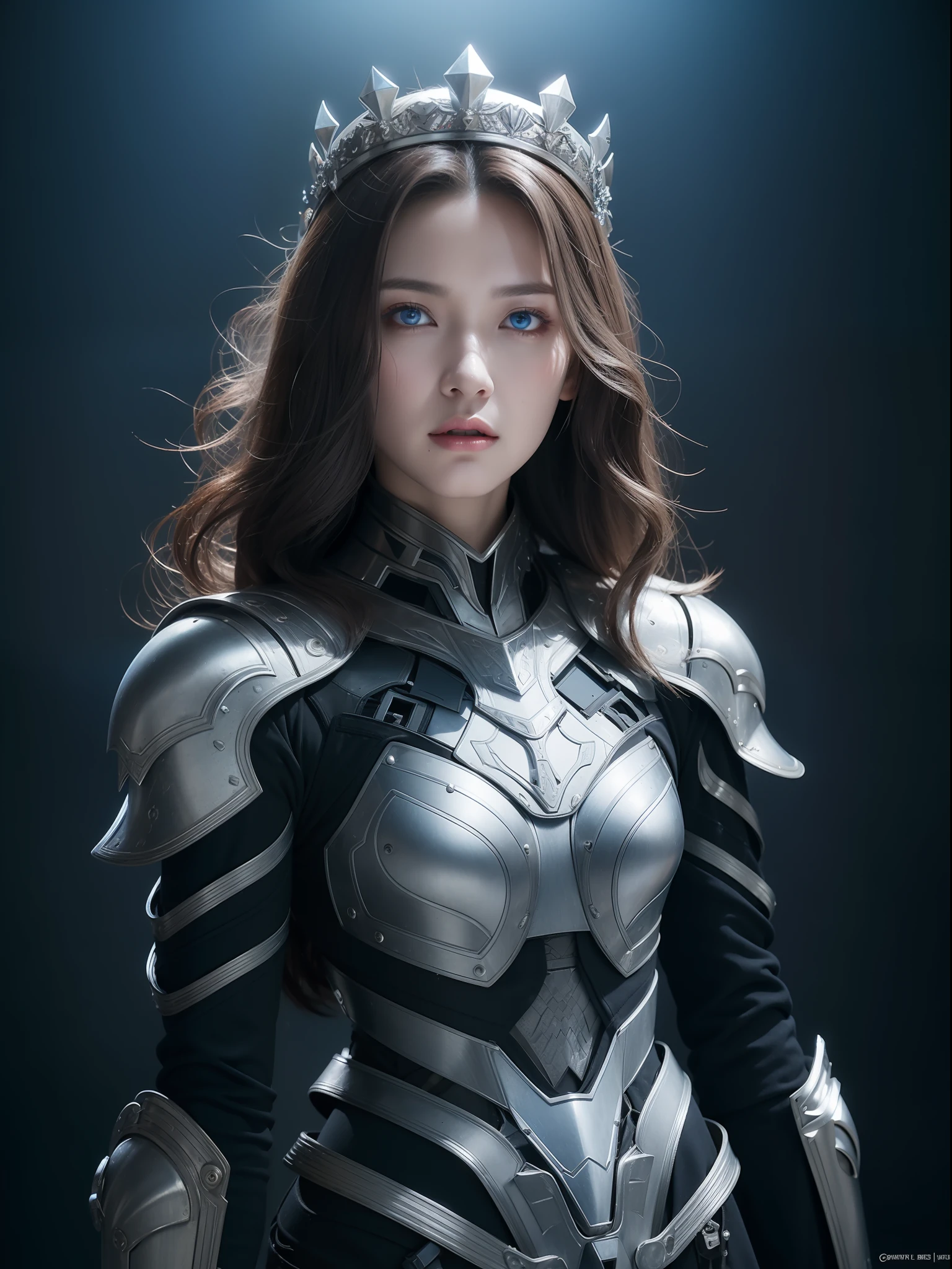Masterpiece, Best quality, high resolution, 8K, Portrait, Realistic photo,( Combine clothing with Korean fashion design),Digital photography, full bodyesbian, 1 -yeld gi (Cyborg), Beautiful blue-gray gradient long hair, Blue eyes, Intricate, elegant, Highly detailed, The crown of evil, Black dress, ,Silver metal exoskeleton armor, Intricate knightly hollow armor,power armour, Openwork design, mechanical structure, Photo pose, Solemn,, Red lips, From the movie《Final Fantasy XV》.Metallic texture, oc rendered,Reflective texture, ((Clothing cutting)), ((Set against the backdrop of the castle and the huge Moster))