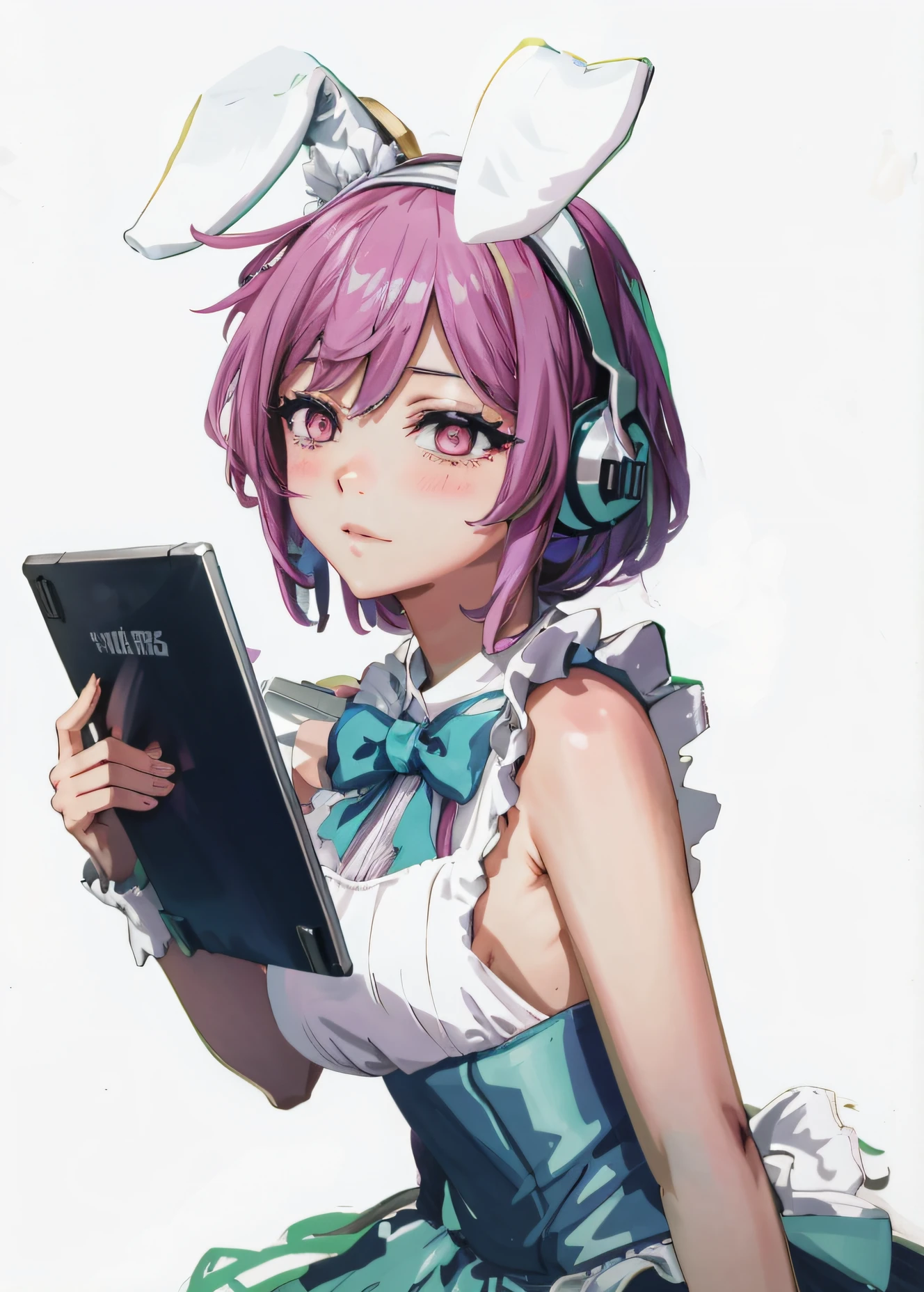 Pink anime girl holding high end tablet with rabbit ears,Dressed in elaborate maid attire，Beautiful bow maid dress，Bring a gaming headset，Wearing a delicate beautiful dress，bunny tail，