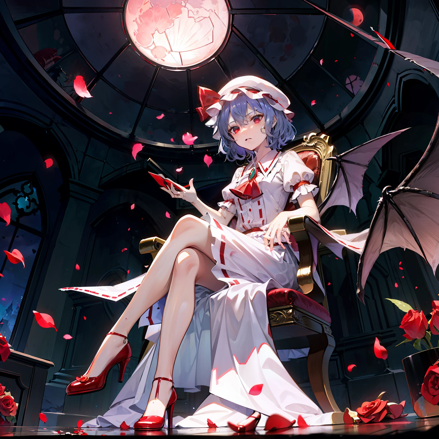 Illustration of Remilia Scarlet sitting on a chair, masterpiece, fine detail, 4k, 8k, 12k, solo, one person, beautiful girl, white woman, Remilia Scarlet, noble chair, western mansion, indoors, rose petals, stained glass, red moon, full moon