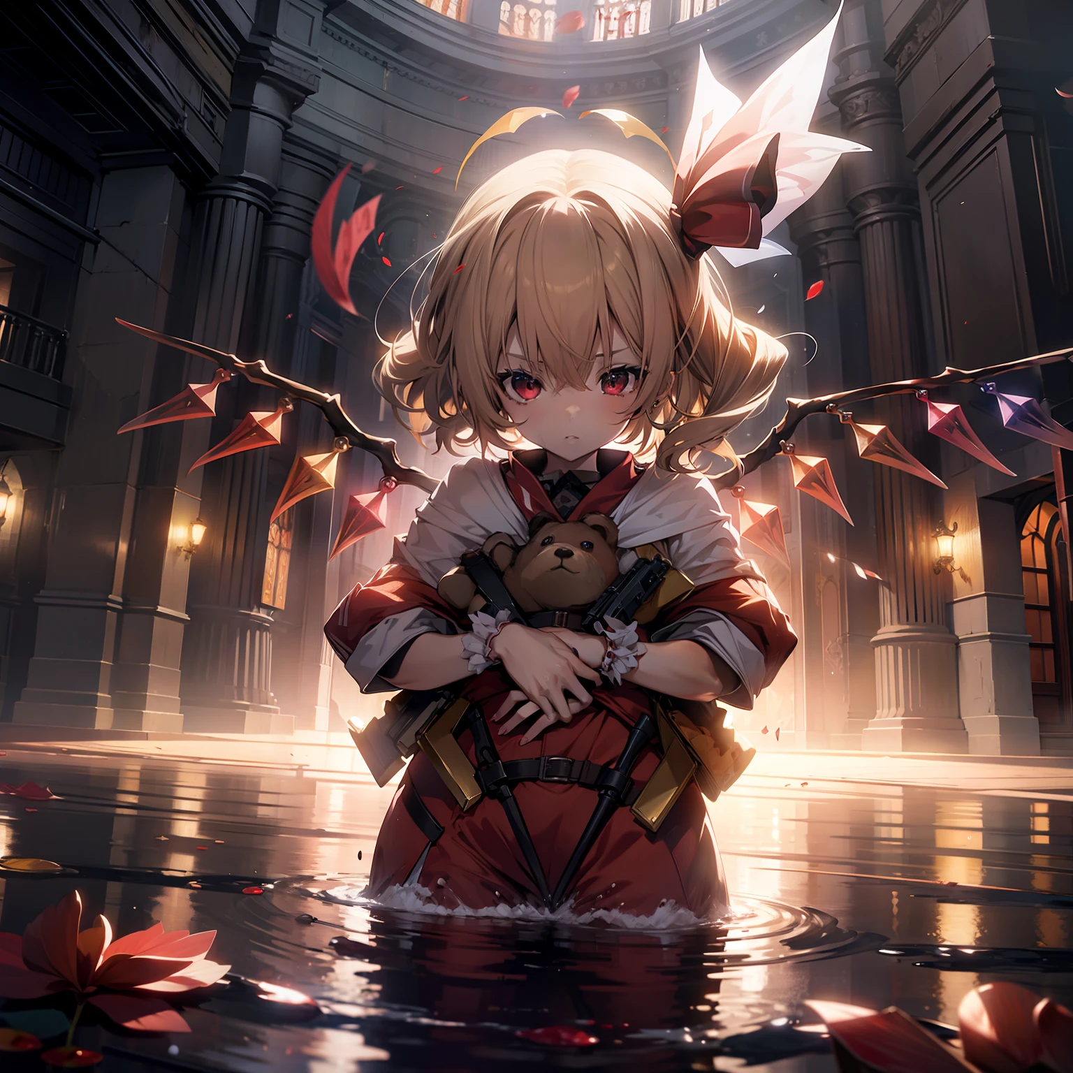 Flanders Scarlet in a combat pose, masutepiece, Fine detail, 4K, 8K, 12K, Solo, Solo, Beautiful Girl, caucasian female, Flandre Scarlet, floating, western building, Indoors, on the beds, Teddy Bear , Rose petals, Blood, Night