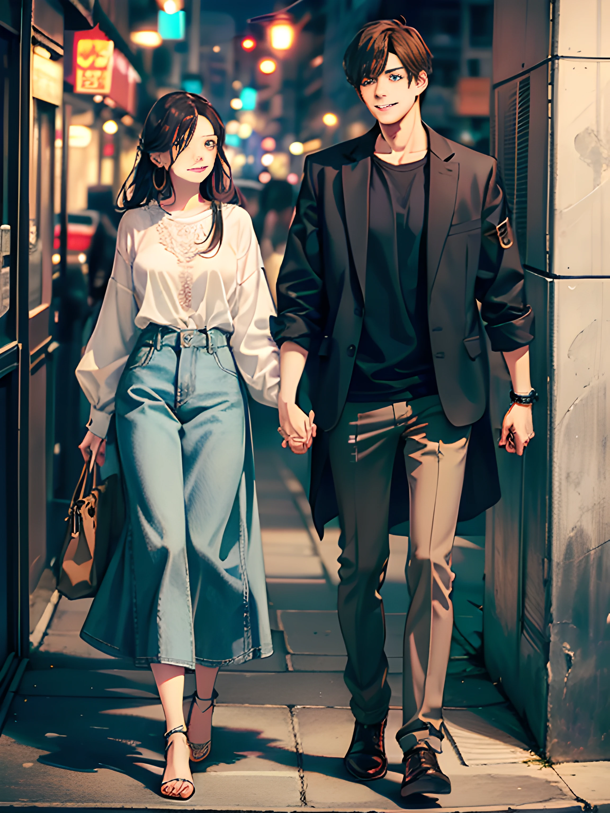 masterpiece, best quality, 2others, couple, 1man with 1woman, mature, adult, Height difference, different fashion, different color, finely detailed eyes and detailed face, intricate details, casual clothes, oversized shirt, modern urban street, holding hands, smile, happy, love