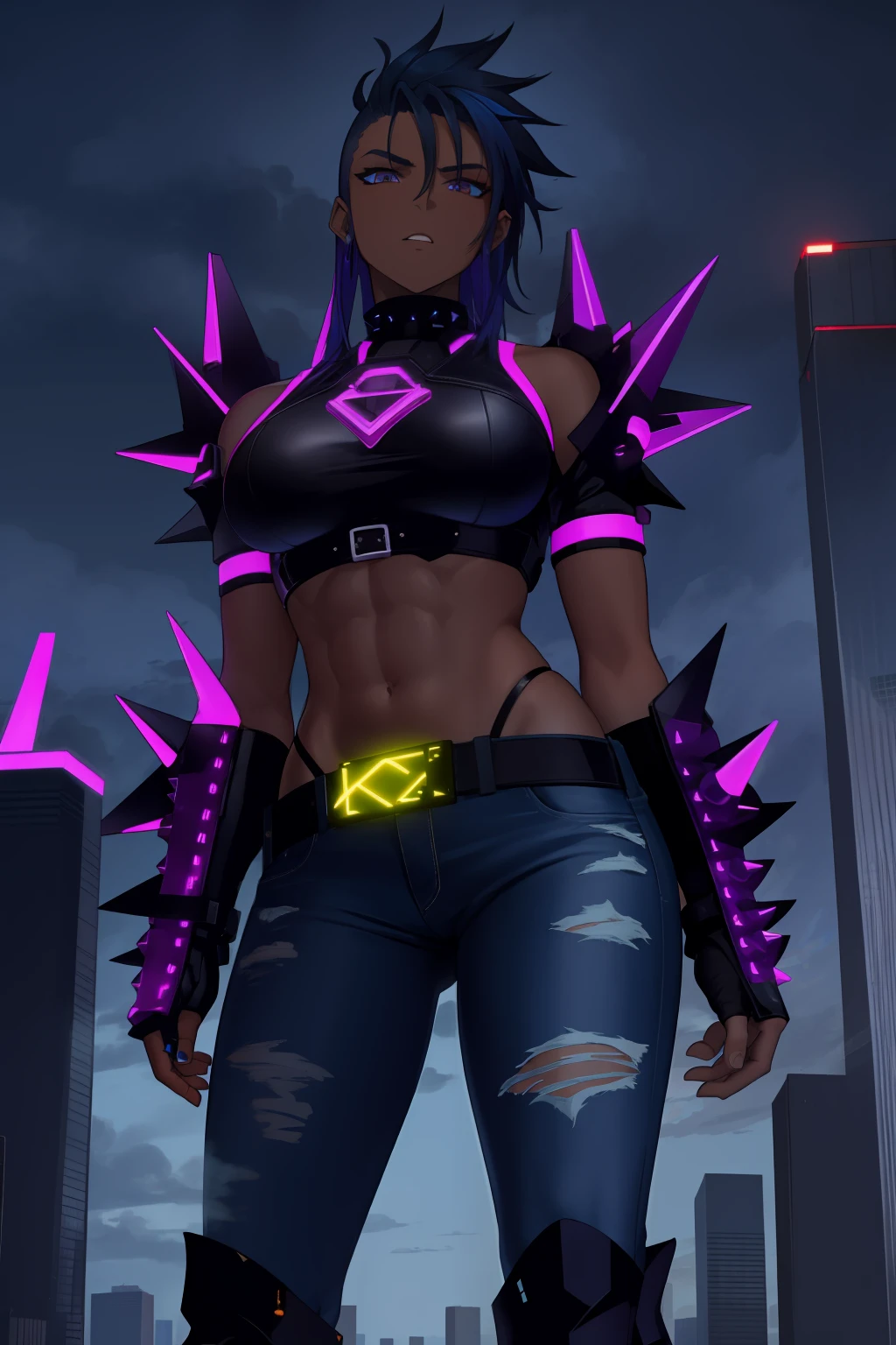 clouds, gtscity, cityscape, Cyberpunk,GtsGiga,spikes,neon lights,shaved head,muscular,dark skinned,dark skinned female,Mohawk,raider armor,boots,crop top,leather jacket,spikey shoulders,spikey belt,low cut jeans,cybernetic,mature women,large breast,Looming,best quality,masterpiece,blacklight,towering over clouds,