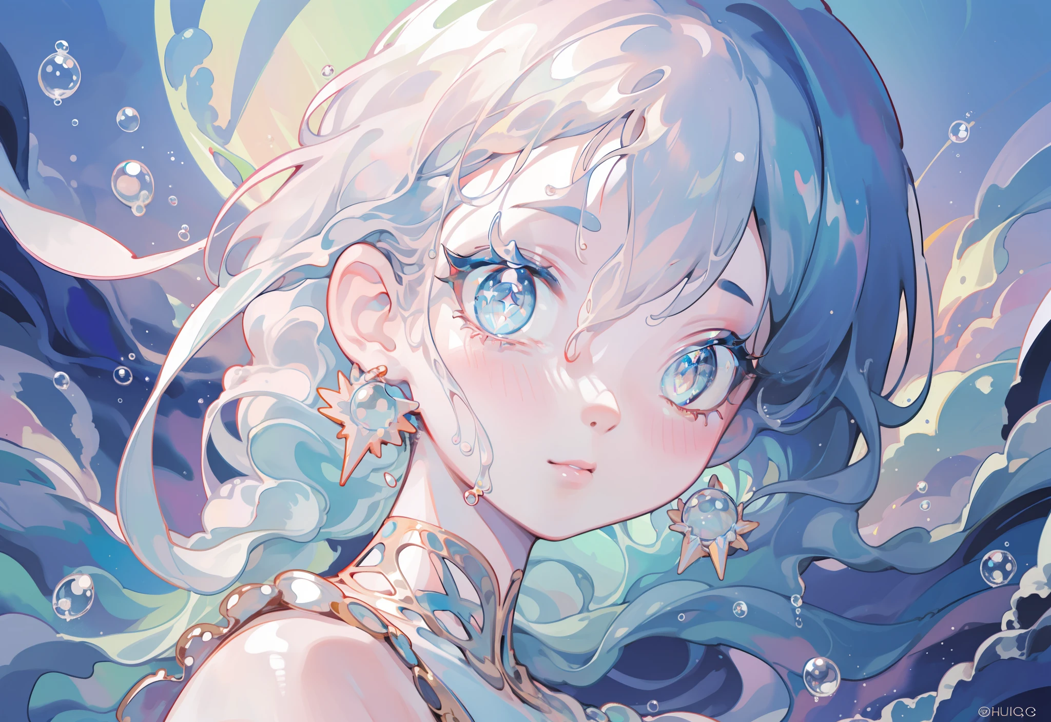 masterpiece, best quality, 8k resolution, sharp focus, intricate detail, beautiful girl, sparkling eyes, golden ratio face, otherworldly liquid, watercolor, pastel colors, bright colors, whimsical, colorful, sharp focus, high resolution, fine detail, liquid ballgown, ((round eyes)), iridescent bubbles