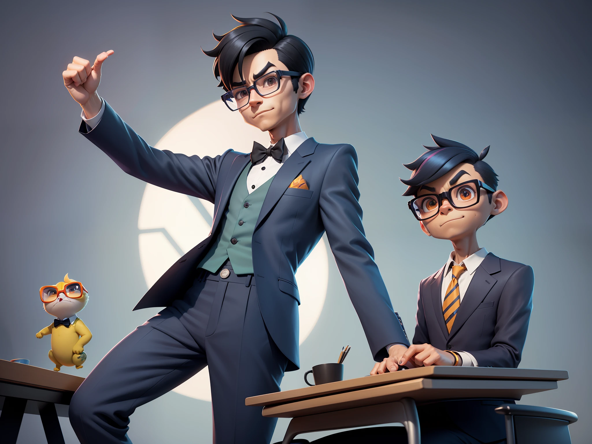 A young man in a suit and pants, Short hair and glasses sat at his desk,holding laptop,digitial painting,tigre,3D character design by Mark Clairen and Pixar and Hayao Miyazaki and Akira Toriyama,4K HD illustration,Very detailed facial features and cartoon-style visuals。