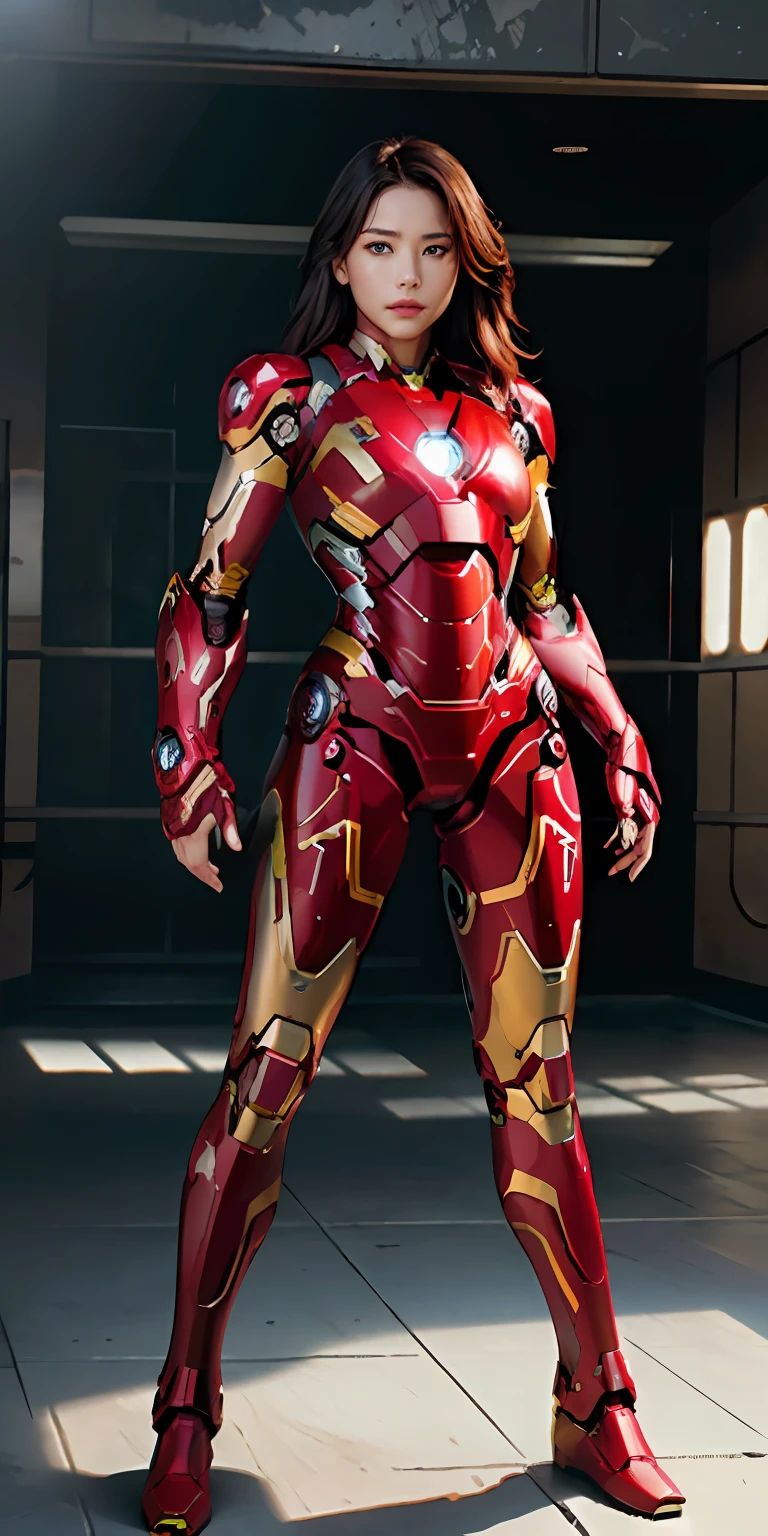 RAW, Masterpiece, Ultra Micro Photo ,, Best Quality, Ultra High Definition, Photorealistic, Daylight, Full Body Portrait, Stunningly Beautiful, Combat Pose, Delicate Face, Vivid Eyes, (Front View), She wears a futuristic Iron Man mech, red and yellow and green color scheme, (Iron Man destroyed on the floor), Detailed face, Detailed and complex busy background, Messy and gorgeous, Rich plump breasts, High Detail Skin, Realistic Skin Detail, Visible Pore, Sharp Focus, Volumemetric Fog, 8K UHD, DSLR Camera, High Quality, Film Grain, Fair Skin, Photorealism, Lomography, View from Below, Skyscraper, Translucent