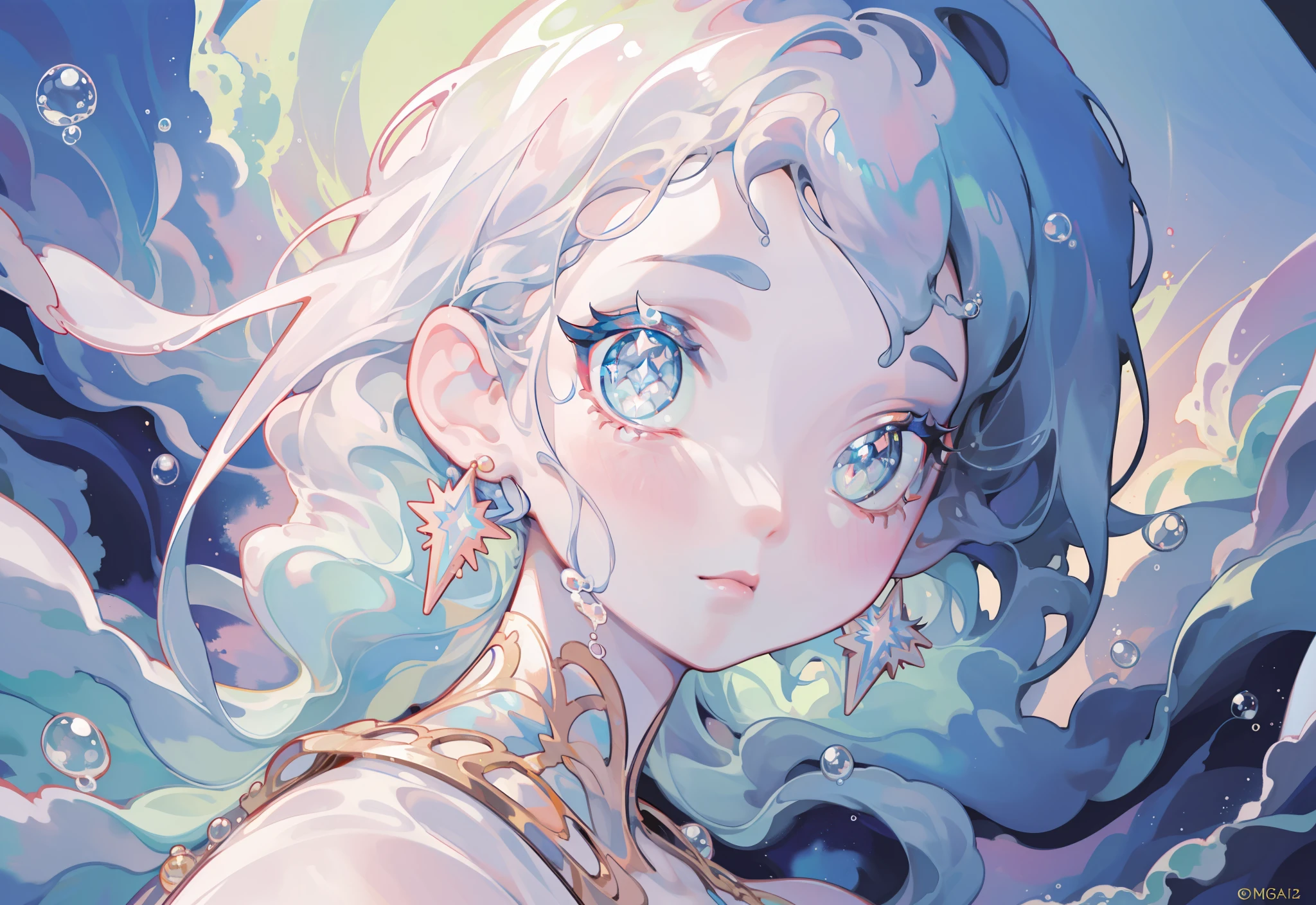 masterpiece, best quality, 8k resolution, sharp focus, intricate detail, beautiful girl, sparkling eyes, golden ratio face, otherworldly liquid, watercolor, pastel colors, bright colors, whimsical, colorful, sharp focus, high resolution, fine detail, liquid ballgown, ((round eyes)), iridescent bubbles