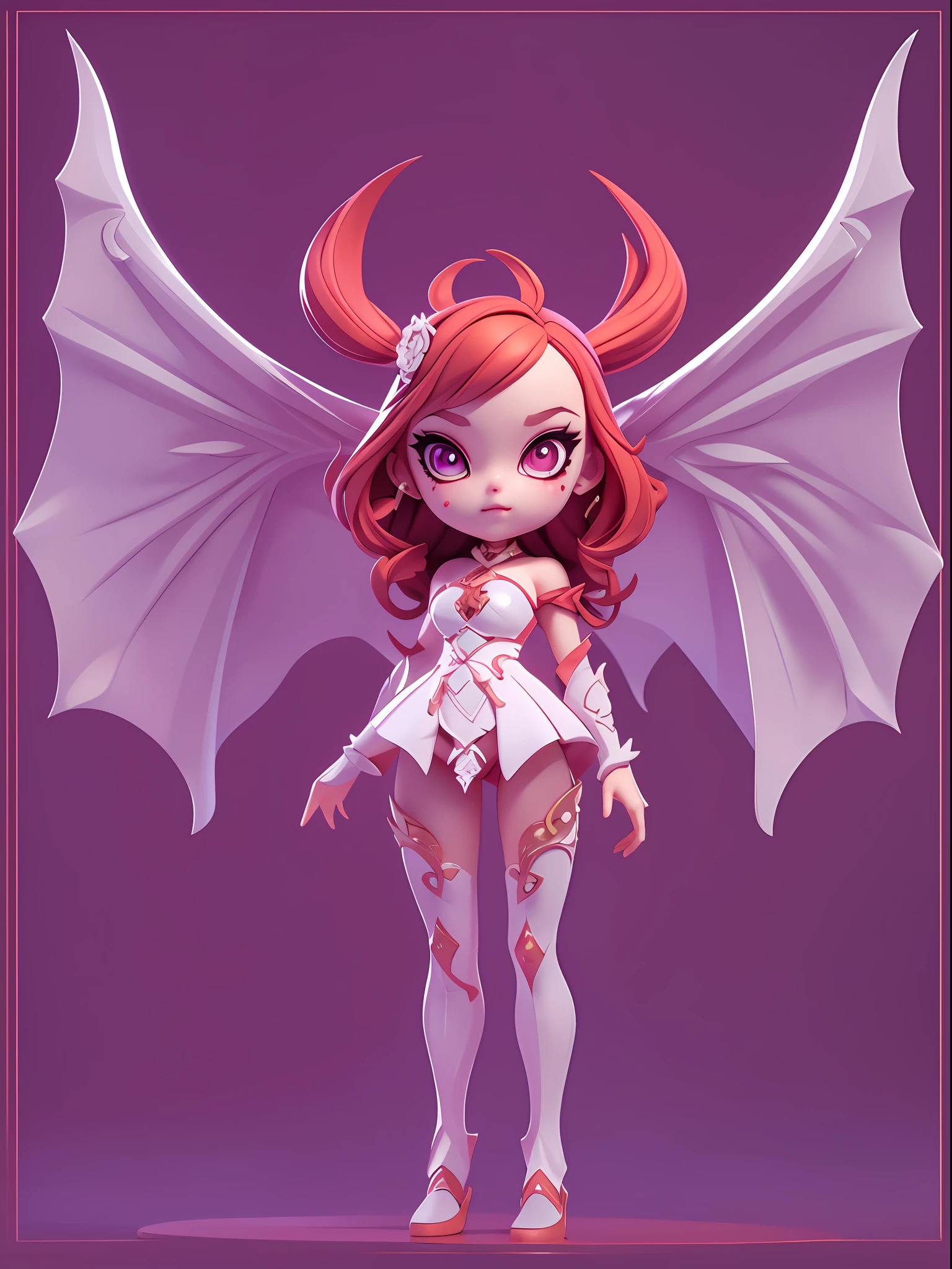 (3 d model、Q version cartoon big-headed doll), 1 Beautiful female succubus(big headed、redheadwear、Bat wings)、Full body standing painting,big beatiful eyes,详细的脸,slender figures,Red demon armor,3Drenderingof,cinmatic lighting,Ray traching,white backgrounid,tmasterpiece