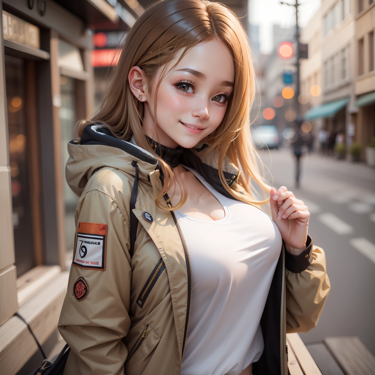 beautiful a girl　huge tit　parka　a smile　smil　Long　校服　Blazer blonde　Brown hair　超A high resolution　top-quality　​masterpiece　Detailed skin