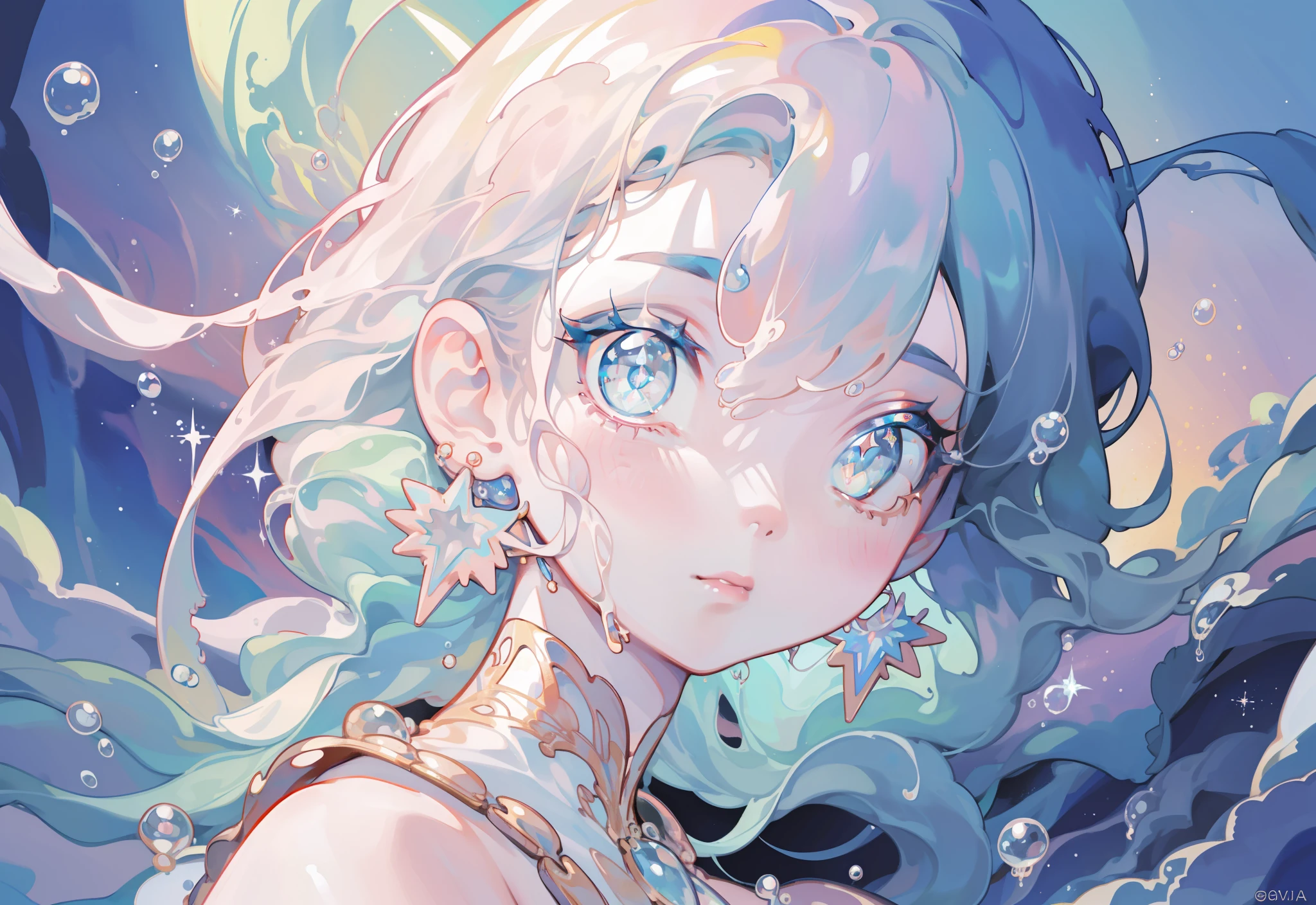 masterpiece, best quality, 8k resolution, sharp focus, intricate detail, beautiful girl, sparkling eyes, golden ratio face, otherworldly liquid, watercolor, pastel colors, bright colors, whimsical, colorful, sharp focus, high resolution, fine detail, liquid ballgown, ((round eyes)), iridescent bubbles