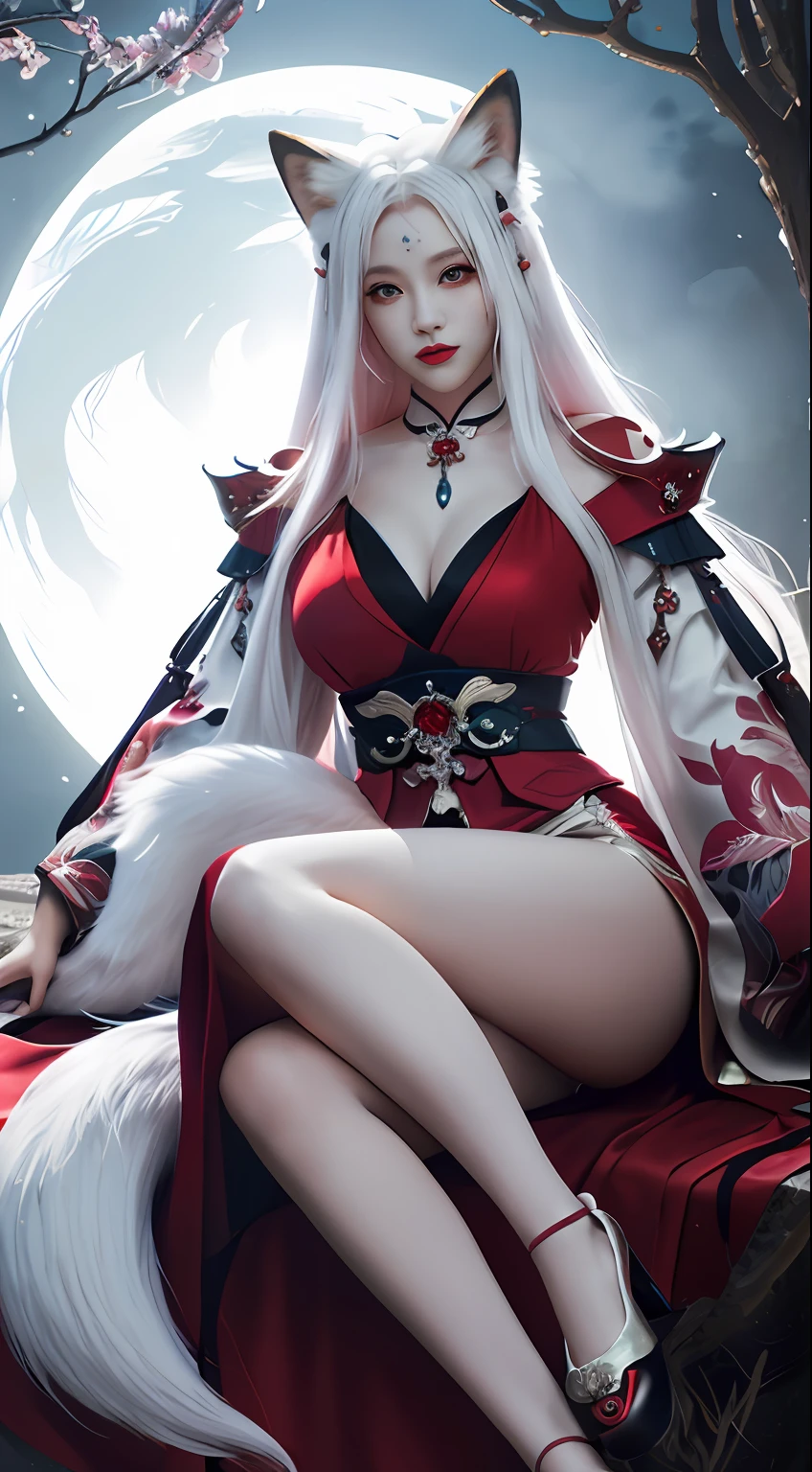 send，tmasterpiece，beautifuldetails，extremely colorful，Exquisite details，Delicate lips，The details are complex，Realiy，Ultra photo realsisim，A girl with a white-haired fox sitting on a branch：1.1，Large breasts，Raised sexy，seductiv，ethereal fox，nine tail fox，Fox three-tailed fox，Onmyoji detailed art，Nine Tails，a beautiful artwork illustration，mythological creatures，red fox，Beautiful digital artwork，Exquisite digital illustration，mizutsune , Inspired by the mythical creature wildnet，Digital art on Pixiv，strong lights，hight contrast，Horror movie theme，Dark atmosphere，Red clothes and white hair