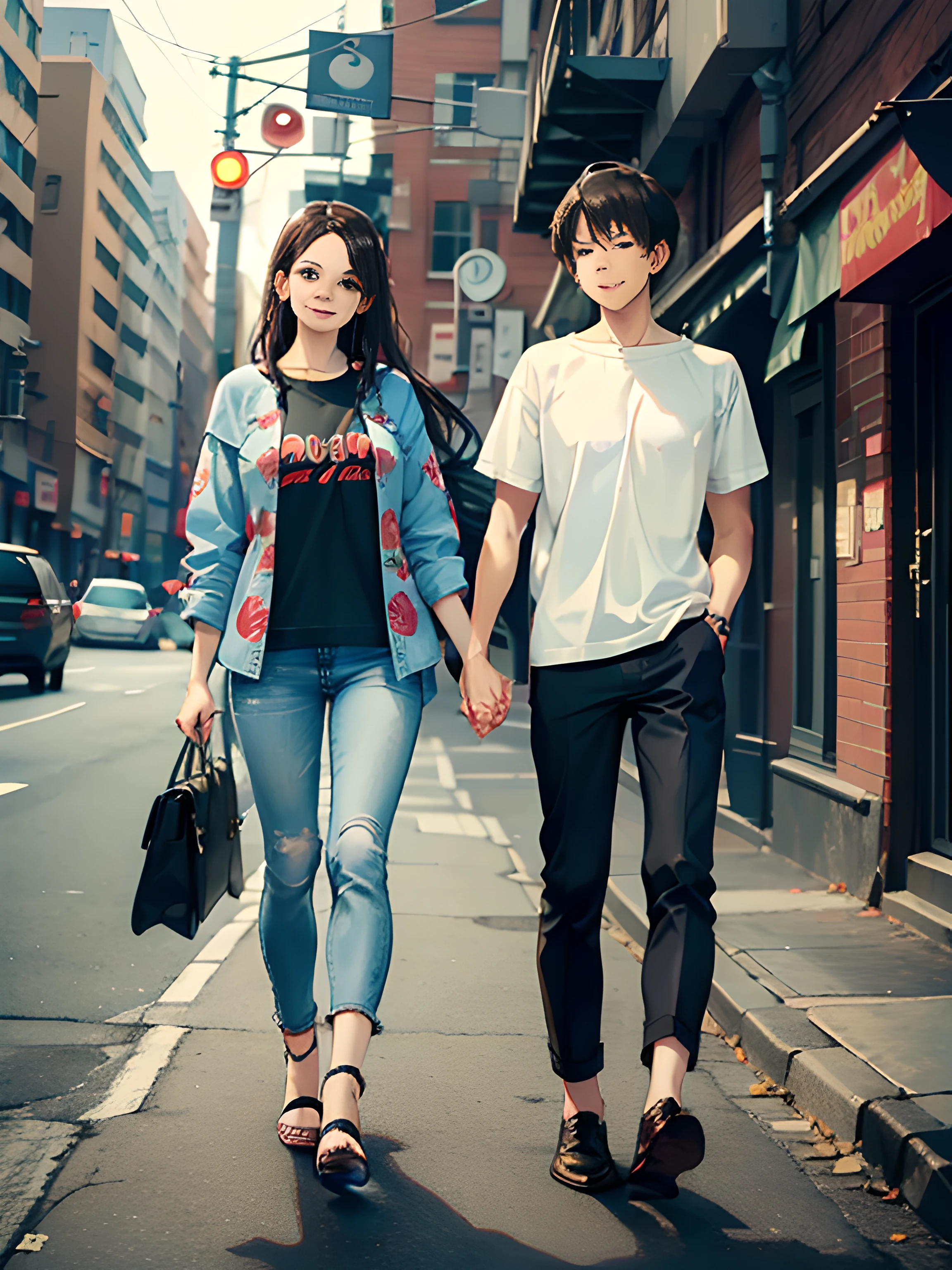 masterpiece, best quality, 2others, couple, 1man with 1woman, mature, adult, Height difference, different fashion, different color, finely detailed eyes and detailed face, intricate details, casual clothes, oversized shirt, modern urban street, holding hands, smile, happy, love