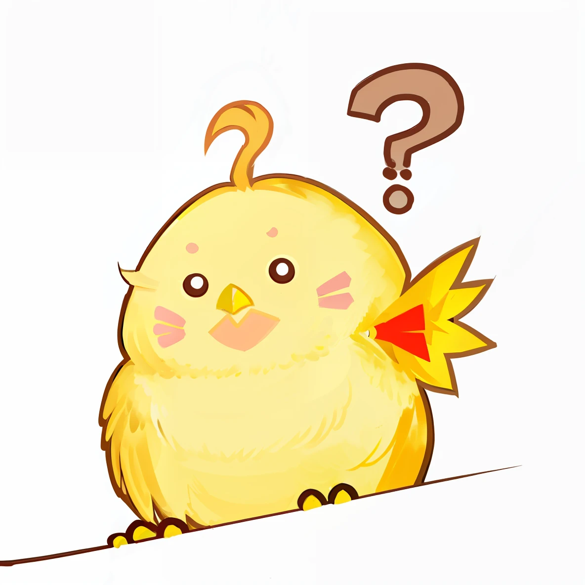 There is a yellow bird with a question mark on its head, anthropomorphized chicken, cocky expression, Looking confused, is looking at a bird, hybrid of a cat and a chicken, Confused expression, Surprised, Confused, looks surprised, Very surprised, illustration of a rooster, mechanical cute bird, anthropomorphic bird, sentient bird, curious expressions
