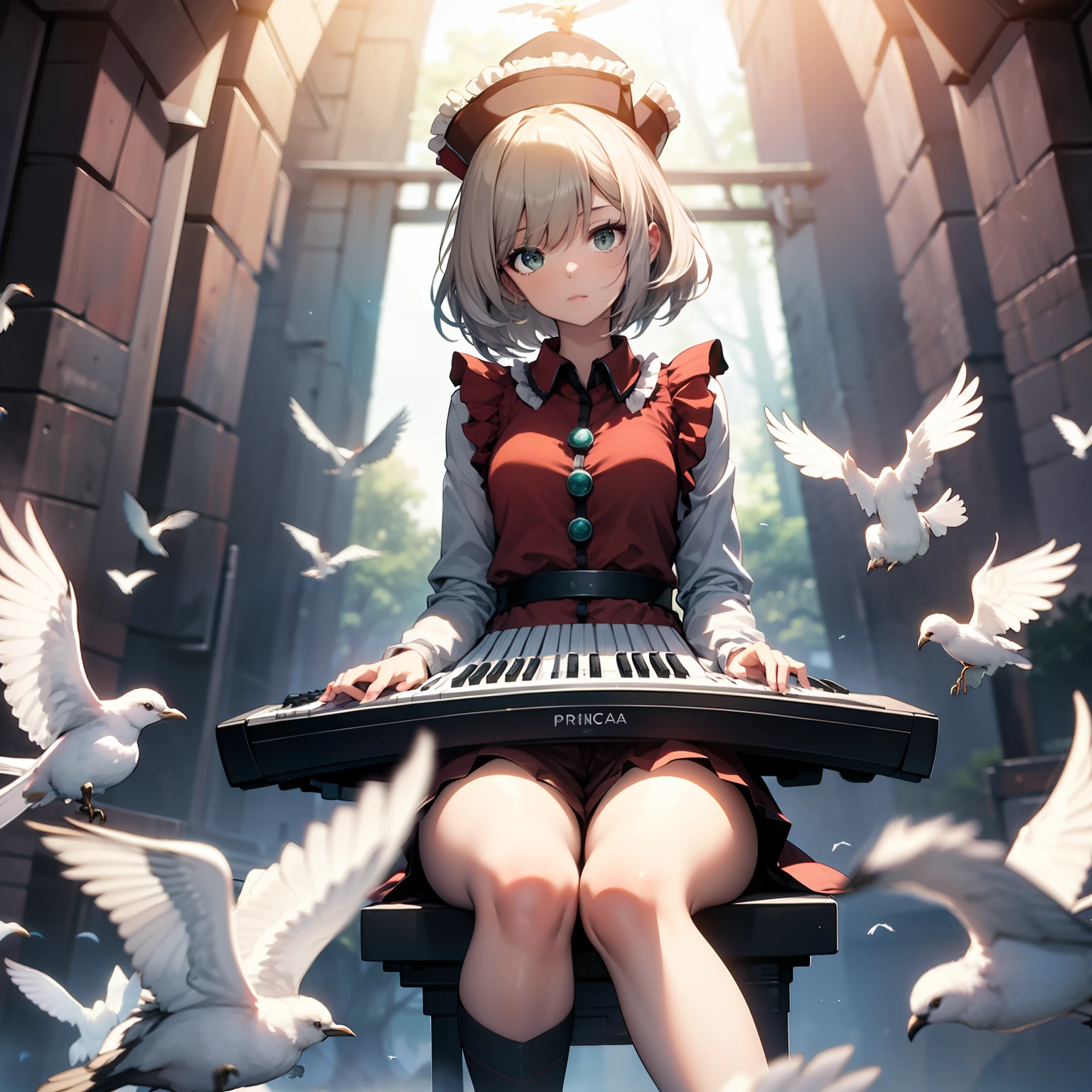 Lyrica Prismiver playing keyboard, masterpiece, fine detail, 4k, 8k, 12k, solo, one person, beautiful girl, caucasian female, Lyrica Prismiver, spring, bird flying away, air