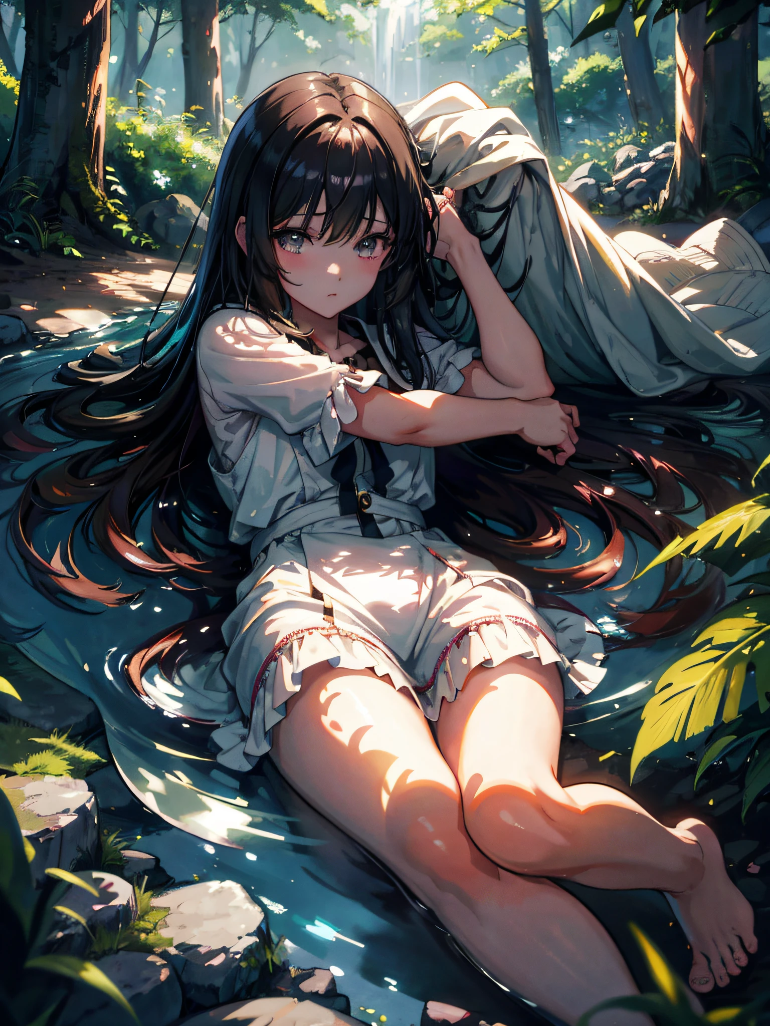 Anime girl lying on the ground in the woods blowing her hair, Kawasi, Beautiful anime girl, Anime art wallpaper 8 K, style of anime4 K, Guweiz in Pixiv ArtStation, Digital anime art, Detailed digital anime art, 4K anime wallpaper, Beautiful anime artwork, Guweiz on ArtStation Pixiv, Anime art wallpaper 4 K