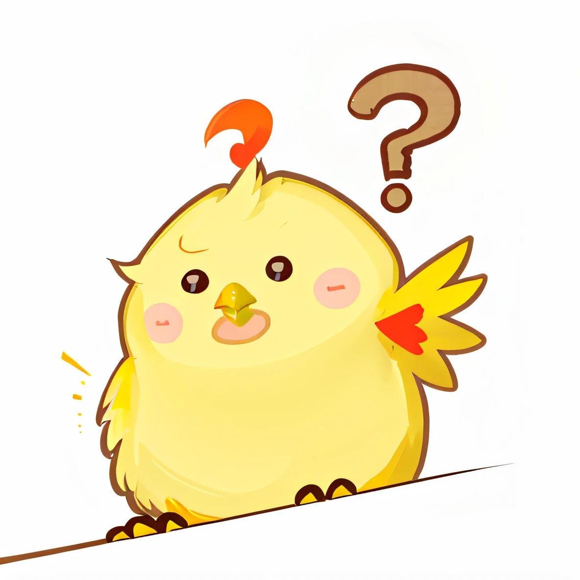 There is a yellow bird with a question mark on its head, anthropomorphized chicken, cocky expression, Looking confused, is looking at a bird, hybrid of a cat and a chicken, Confused expression, Surprised, Confused, looks surprised, Very surprised, illustration of a rooster, mechanical cute bird, anthropomorphic bird, sentient bird, curious expressions