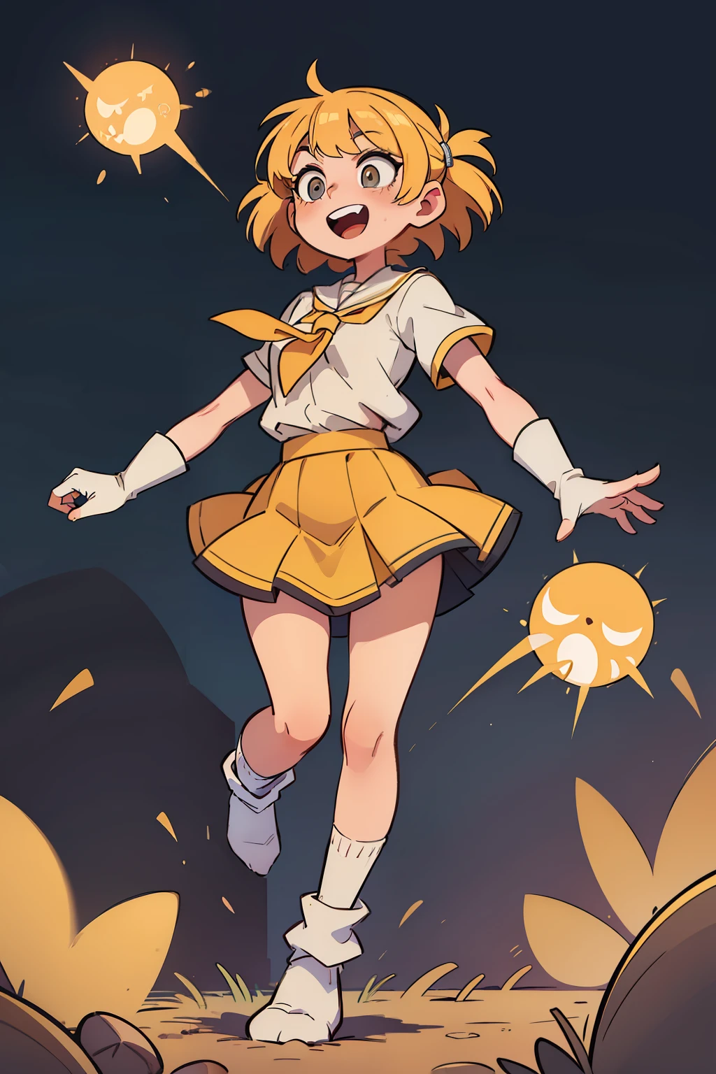 ((Masterpiece, highest quality)), detailed face, Full body, full of details, highly detailed, depth, many parts, 1girl, yellow school uniform, multiples hair ornaments, many hair pins, many hair clips, multiple accessories, happy, open mouth, grey eyes, white pupils, sparks, skirt, leg warmers, loose socks, fingerless gloves, short sleeves, bangs, really messy hair, short yellow hair, hair down