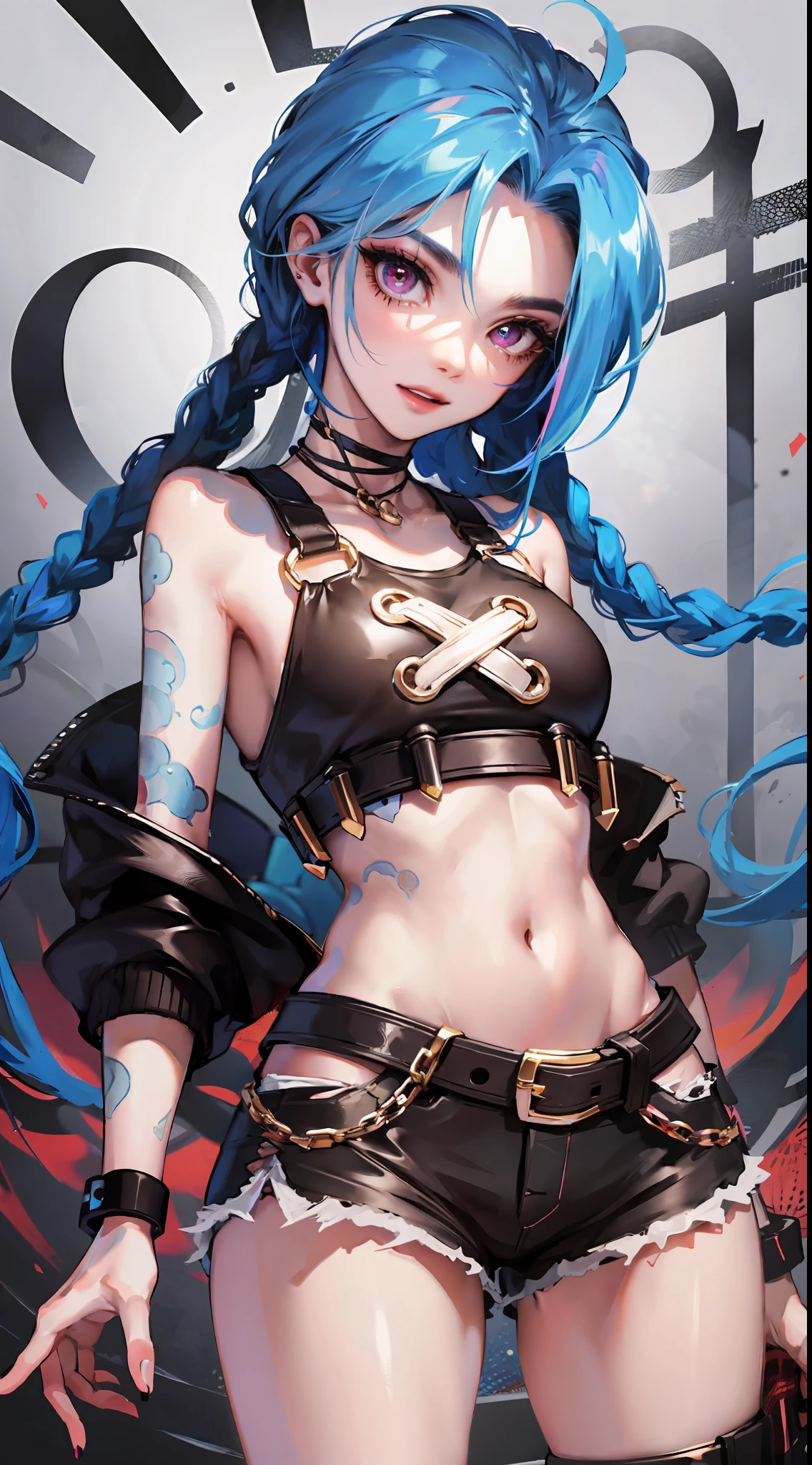 Jinx,having fun,Ultra shorts,Crop topping,Open chain,cute-style,highly rendered,detailed face with,Fleshy thighs
