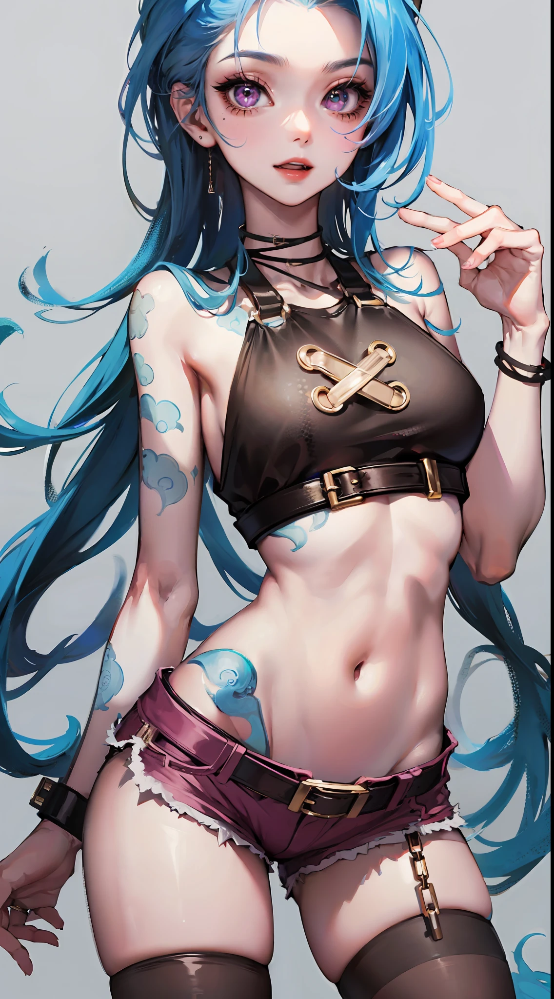 Jinx,having fun，Ultra shorts，Crop topping，Open chain，cute-style，highly rendered，detailed face with，Fleshy thighs