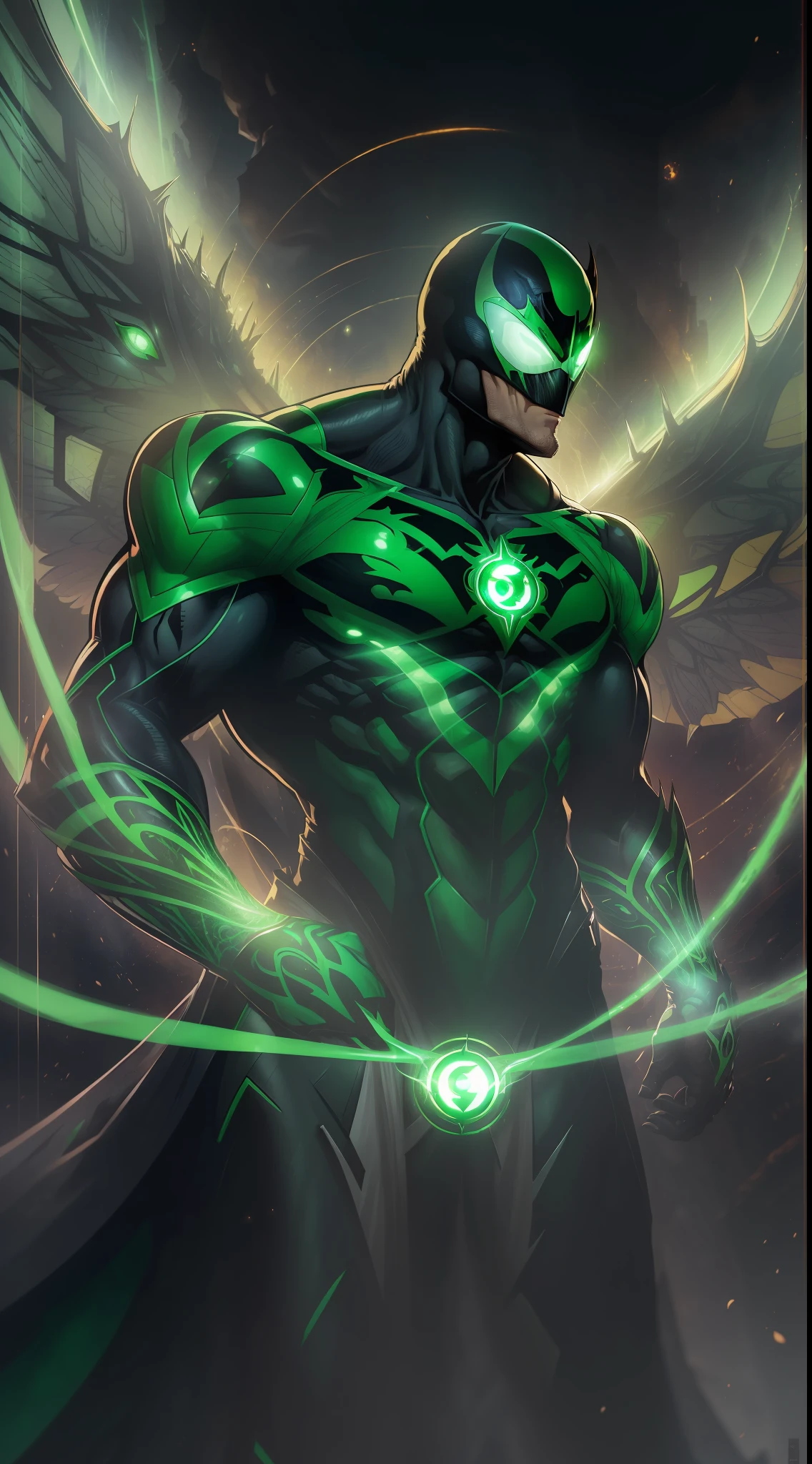 ((obra maestra impresionante)), (Ultra resolution 8K), Striking illustration of Venom symbiote fused with green lantern Hal Jordan, poderosa mezcla, Green Lantern and Venom Epica Original Combination, linterna verde vestido del simbionte Venom, Ring that shapes symbiotic energy and formidable weapons and shields, obra maestra sin antecedentes,Traje Cyberpunk,Symbiotic wings, ring symbiotic weapons Hetera Illustration, dark ilumination, Spectral illumination