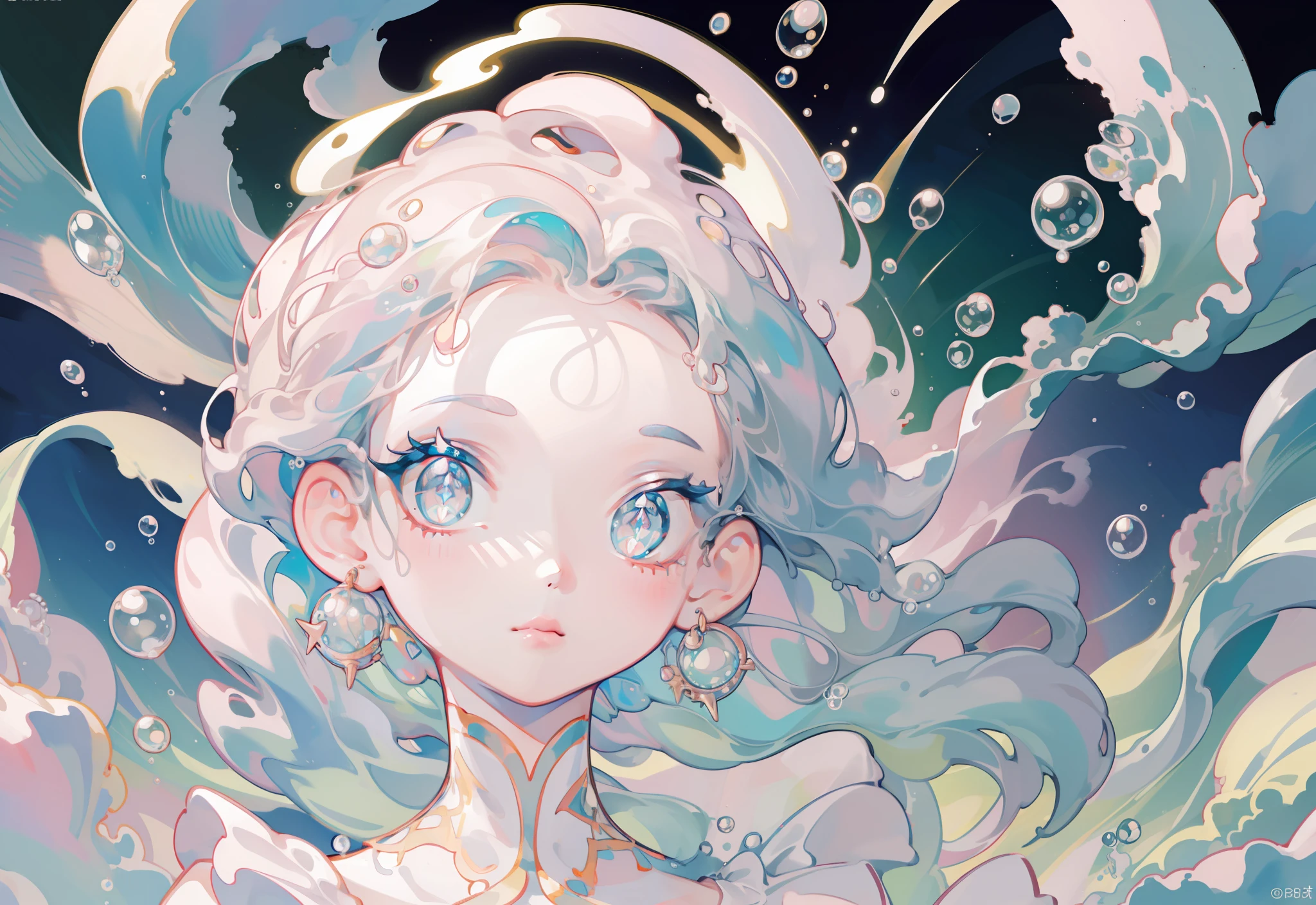 masterpiece, best quality, 8k resolution, sharp focus, intricate detail, beautiful girl, sparkling eyes, golden ratio face, otherworldly liquid, watercolor, pastel colors, bright colors, whimsical, colorful, sharp focus, high resolution, fine detail, liquid ballgown, ((round eyes)), iridescent bubbles