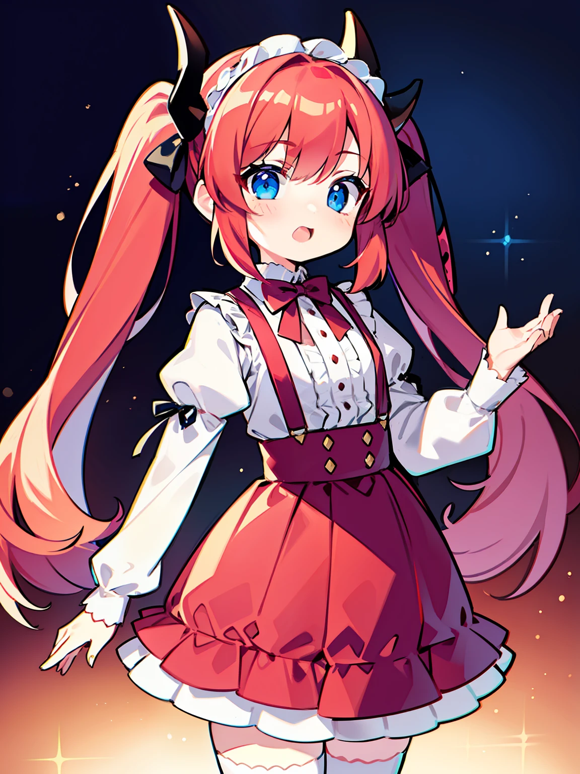 {{best quality}}, {{masterpiece}}, {{ultra-detailed}}, {illustration}, {detailed light}, red hair,blue eyes,twintails,lolita,Suspenders skirt,Fantastic,loli,solo,Dragon horns,little girl,long hair