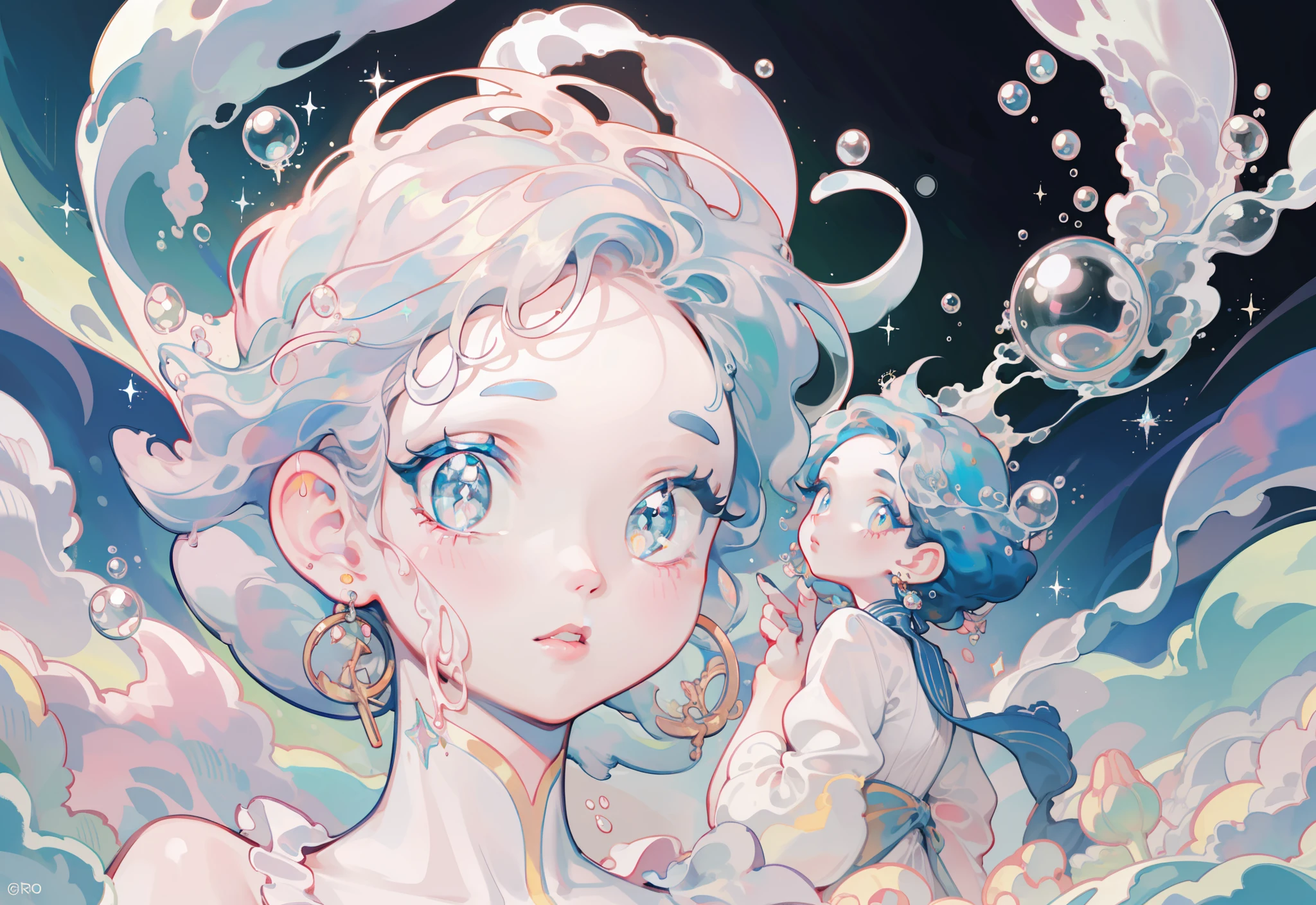masterpiece, best quality, 8k resolution, sharp focus, intricate detail, beautiful girl, sparkling eyes, golden ratio face, otherworldly liquid, watercolor, pastel colors, bright colors, whimsical, colorful, sharp focus, high resolution, fine detail, liquid ballgown, ((round eyes)), iridescent bubbles