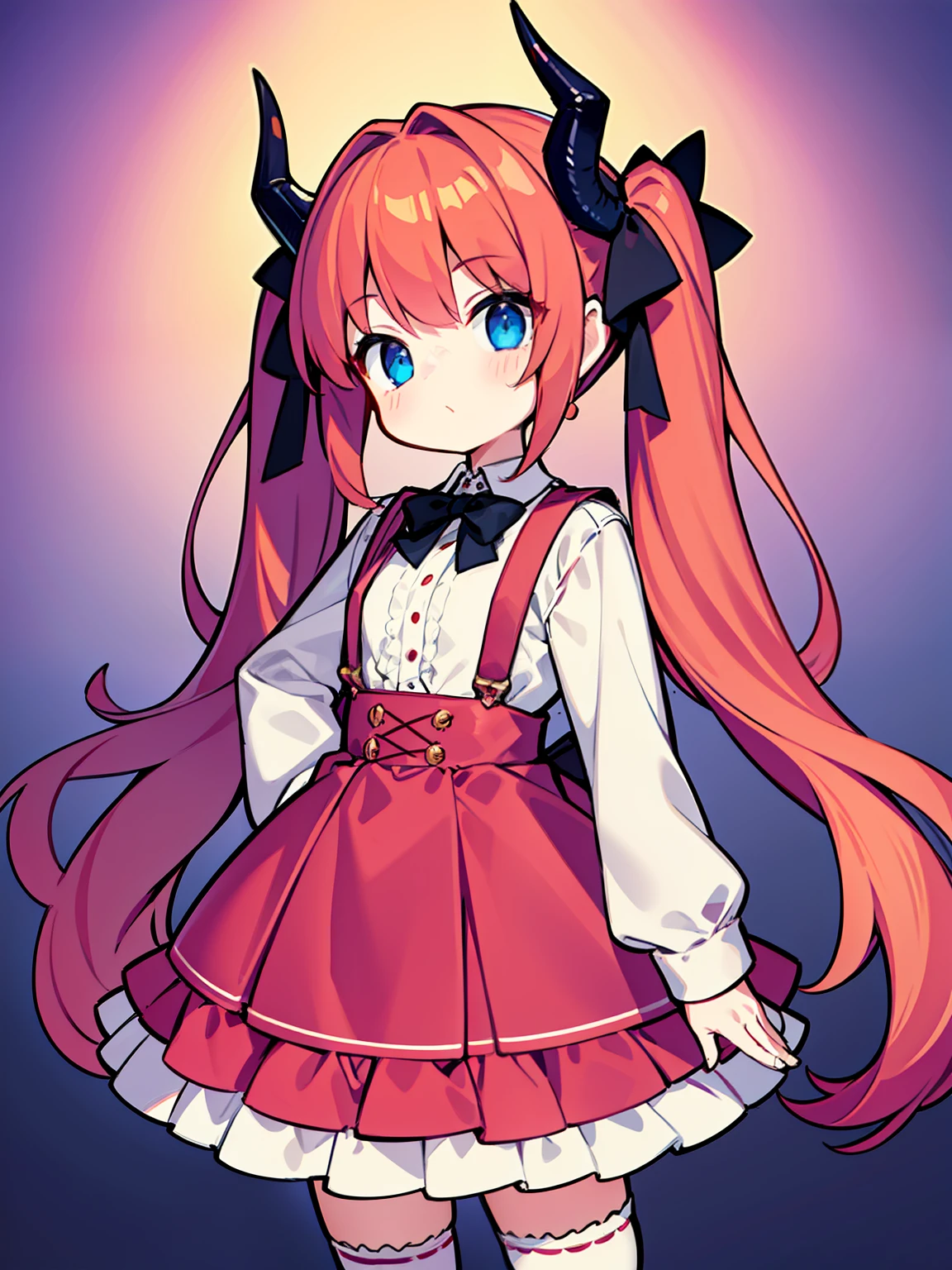 {{best quality}}, {{masterpiece}}, {{ultra-detailed}}, {illustration}, {detailed light}, red hair,blue eyes,twintails,lolita,Suspenders skirt,Fantastic,loli,solo,Dragon horns,little girl,long hair