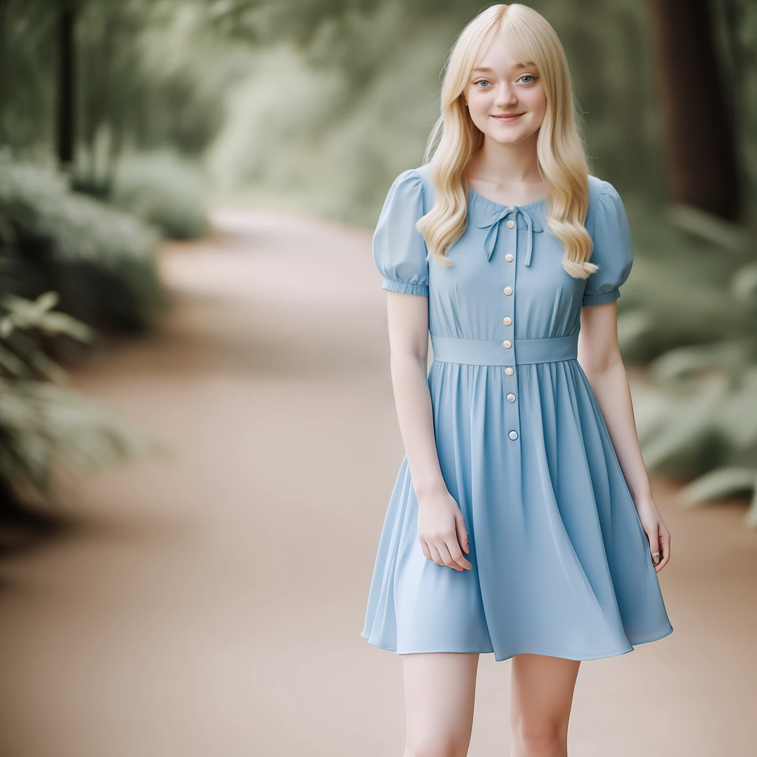 blond woman in blue dress, standing with a cute smile on her face, full body, dakota fanning, soft portrait shot 8 k, female portrait, james jean soft light 4k, james jean soft light 4 k, a still of an ethereal