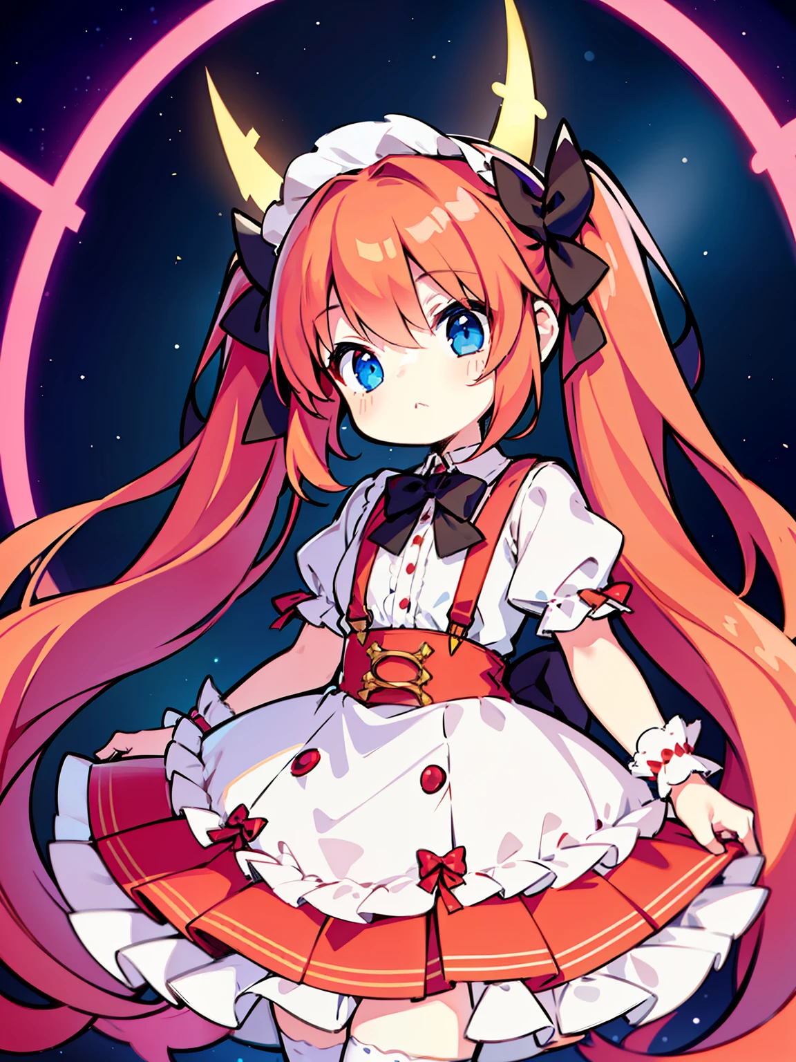 {{best quality}}, {{masterpiece}}, {{ultra-detailed}}, {illustration}, {detailed light}, red hair,blue eyes,twintails,lolita,Suspenders skirt,Fantastic,loli,solo,Dragon horns,little girl,long hair