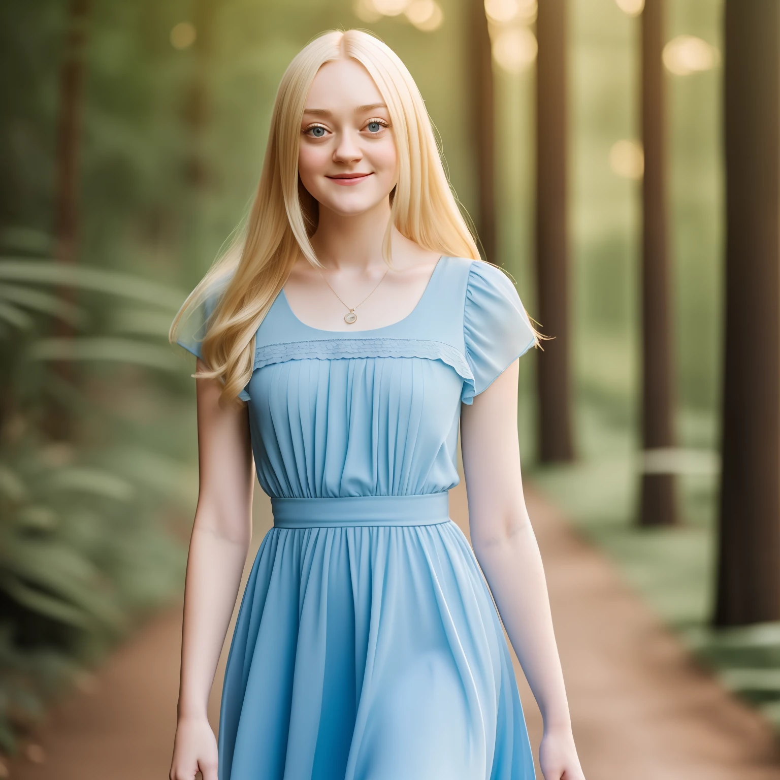 blond woman in blue dress, standing with a cute smile on her face, full body, dakota fanning, soft portrait shot 8 k, female portrait, james jean soft light 4k, james jean soft light 4 k, a still of an ethereal