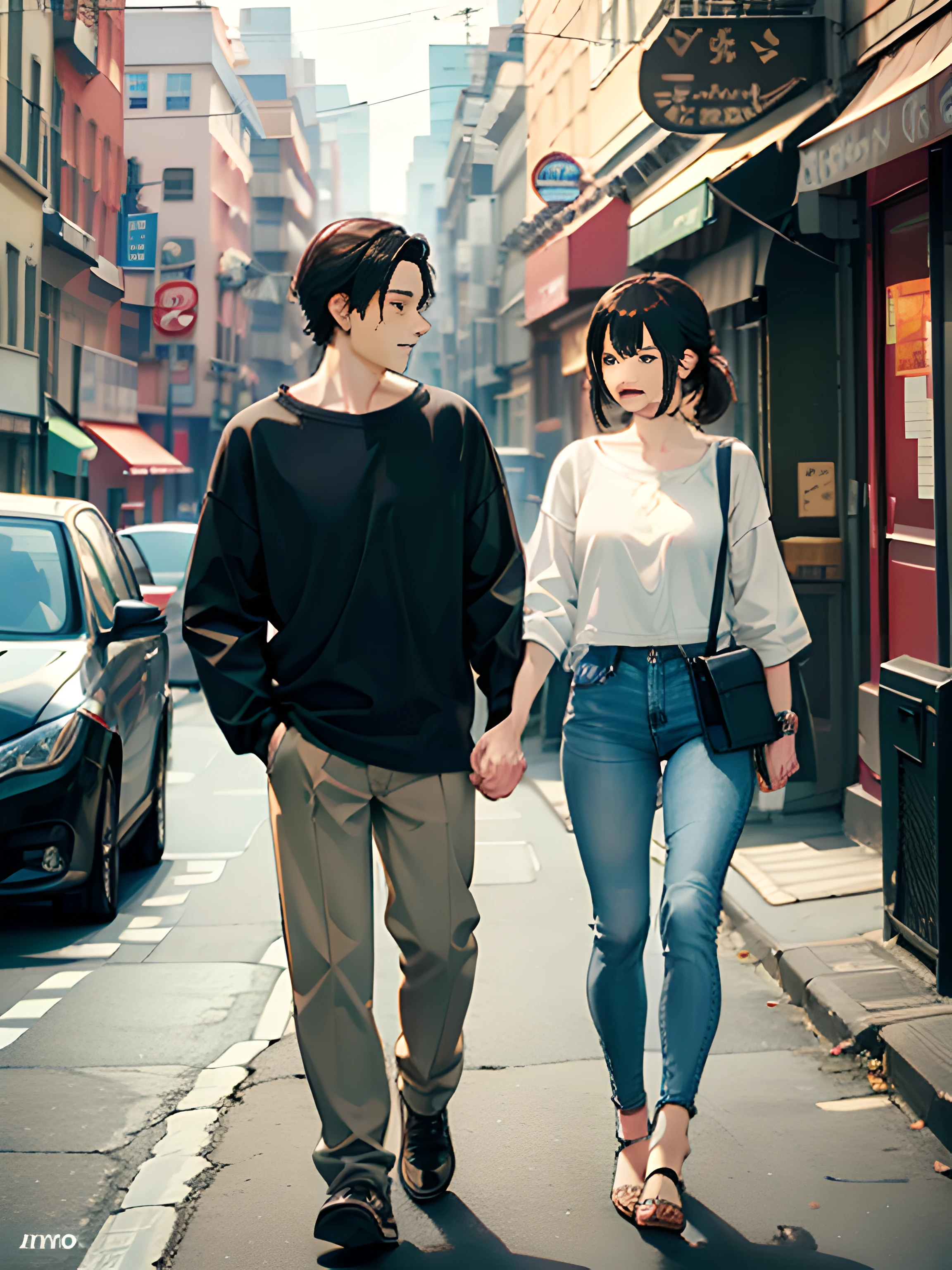 masterpiece, best quality, 2others, couple, 1man with 1woman, mature, adult, Height difference, different fashion, different color, finely detailed eyes and detailed face, intricate details, casual clothes, oversized shirt, modern urban street, holding hands, smile, happy, love