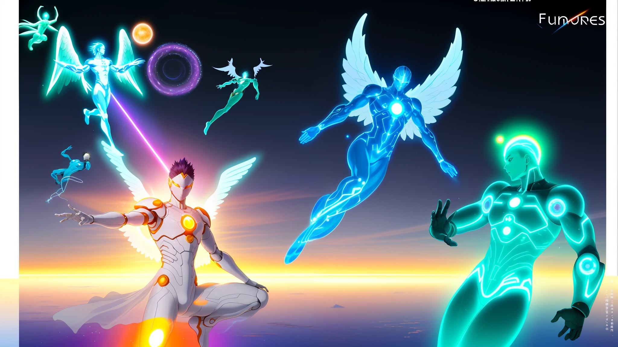 There are three different images of various men with different poses, A man with six arms, some cosmic angels, energetic beings patrolling, inspirado em Hiromu Arakawa, arte de fundo, Energy Dynamic Pose, Power of the Auras, Potencializando a Aura, an epic anime of a energy man, energia do toro, seres solares, Transhumanist Dance, inspired by Mœbius, 8k, Ultra realista