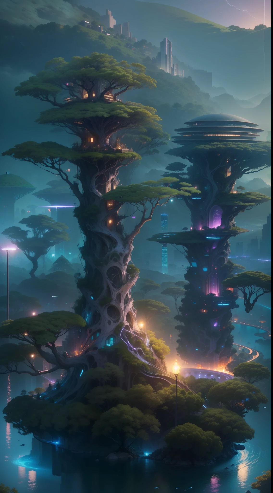 ((obra maestra impresionante)), ( 8K High Resolution), Claro, Futuristic city rises among giant treetops. The buildings have innovative architecture and are rooted in huge roots., Merging nature and technology. Lighting varies from a warm golden glow at sunset to artificial blue and violet lights at night.. Bioluminescent trees and fireflies add a magical touch to the night scene, resaltando la coexistencia armoniosa entre la humanidad y la naturaleza.