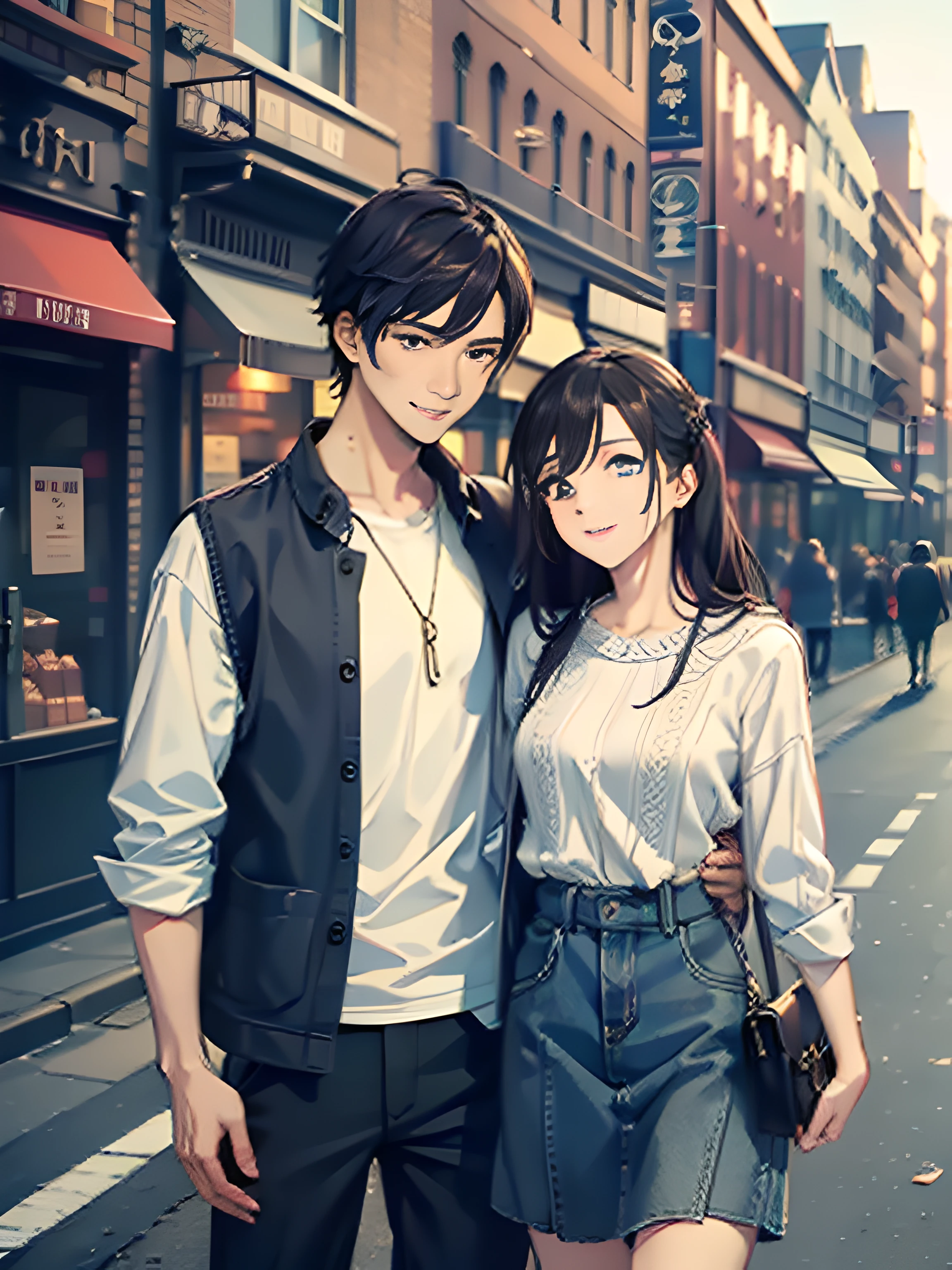 masterpiece, best quality, 2others, couple, 1man with 1woman, mature, adult, Height difference, different fashion, different color, finely detailed eyes and detailed face, intricate details, casual clothes, oversized shirt, modern urban street, holding hands, smile, happy, love