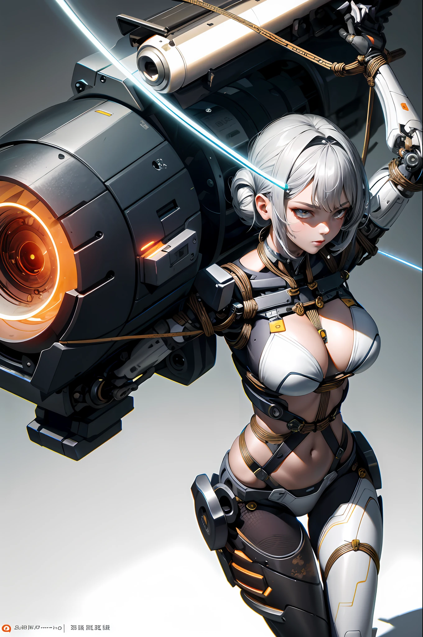 cyborg girl,Silver metal binding,Mechanical bikini ,Tech tights,pipelines,Giant laser cannon, Chinese symbol, mottled light and shadow of the old era