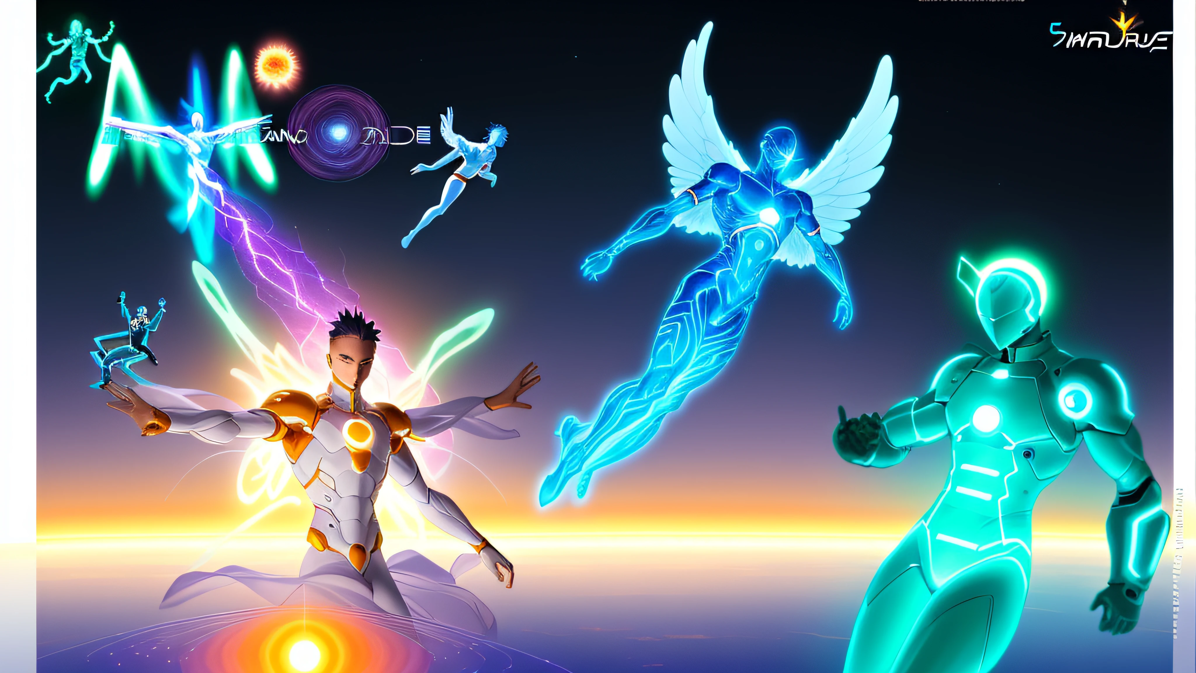 There are three different images of various men with different poses, A man with six arms, some cosmic angels, energetic beings patrolling, inspirado em Hiromu Arakawa, arte de fundo, Energy Dynamic Pose, Power of the Auras, Potencializando a Aura, an epic anime of a energy man, energia do toro, seres solares, Transhumanist Dance, inspired by Mœbius, 8k, Ultra realista