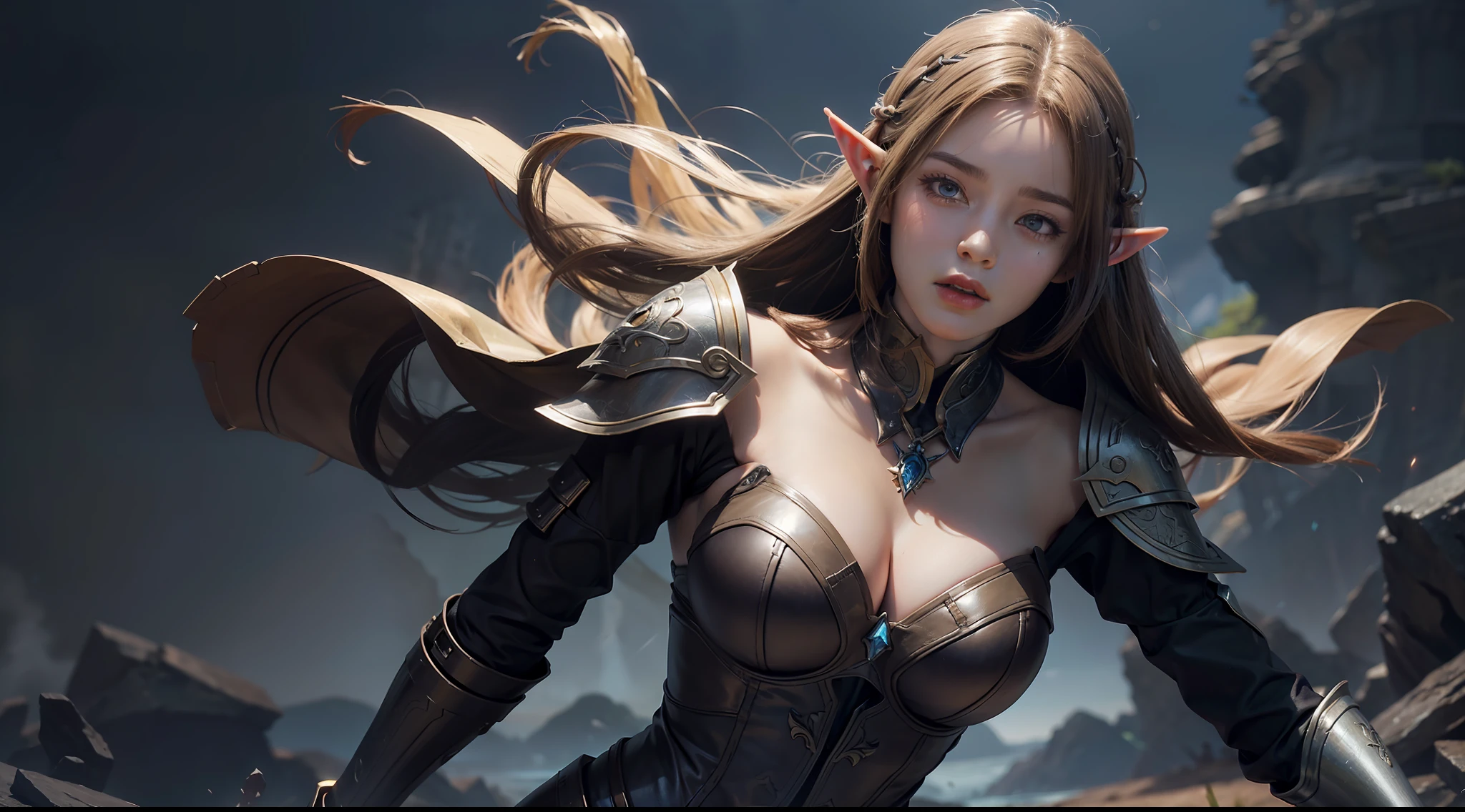 (Award-winning digital artwork:1.3) af (sketching:1.3),(with dynamism:1.3),(Saturation:1.3),(Close portrait:1.3),(femele:1.4),(big breasts beautiful: 1.4),(carismatic:1.3),Female elf,Leather armor,Perfect Detailed Eyes,Bright magic,battleground background,Large breasts,complex patterns,Film filter, ,dramatics,dynamicposes,illusory engine, (High detail: 1.9),full body shot shot,