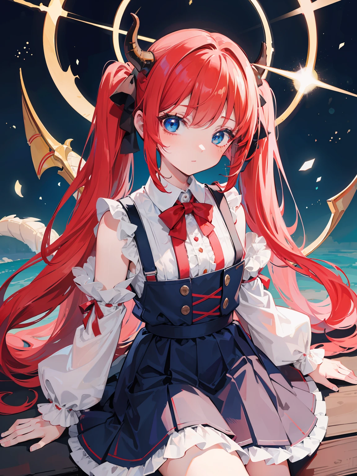 {{best quality}}, {{masterpiece}}, {{ultra-detailed}}, {illustration}, {detailed light}, red hair,blue eyes,twintails,lolita,Suspenders skirt,Fantastic,loli,solo,Dragon horns,little girl,long hair