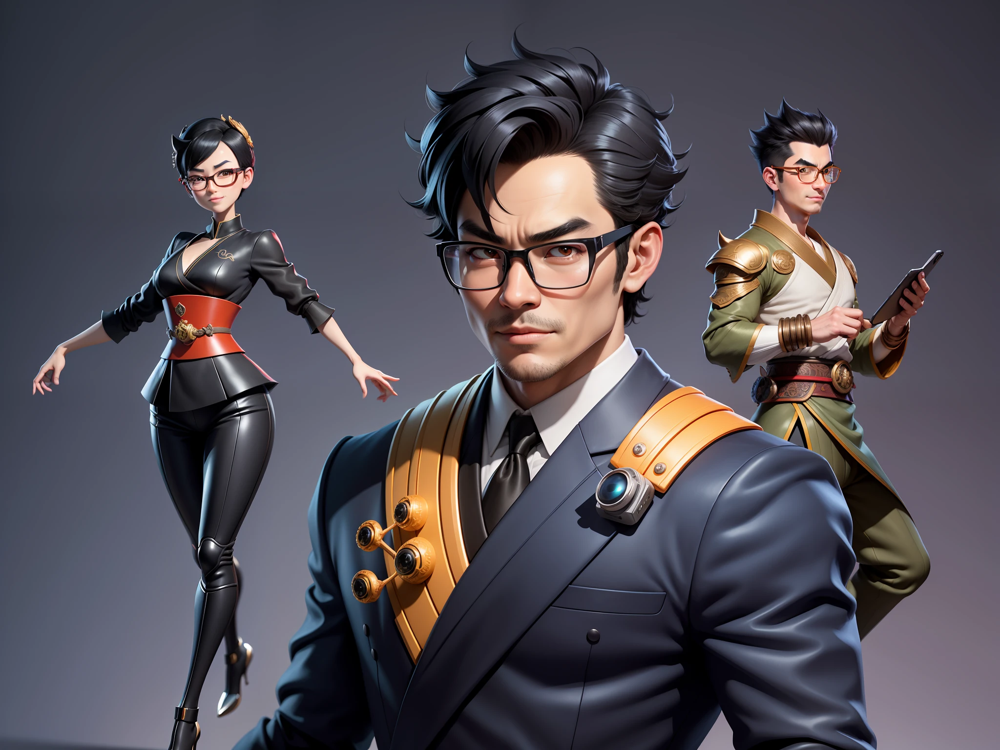 (Masterpiece), (Excellent), (Super Meticulous), (Full Body: 1.2), Super Young Man with Japanese Female Geisha, Pretty, Beautiful, Chinese Dragon, Tiger, Wind God Thor, Sexy, Bursting, Oriental Face, TV Anchor, Bust Portrait Illustration, Black Suit, Blue Tie, Slightly Chubby Face, Silver Glasses, Very Clean Face, No Beard on Chin, Black Super Short Hair, Black Eyes, Confident Smile, 3c Computer Sub-Products, iPad, iPhone, Digital Painting, 3D character design by Mark Clairedon and Pixar and Hayao Miyazaki and Akira Toriyama, the illustrations are HD illustrations in 4K resolution with highly detailed facial features and cartoon-style visuals.
