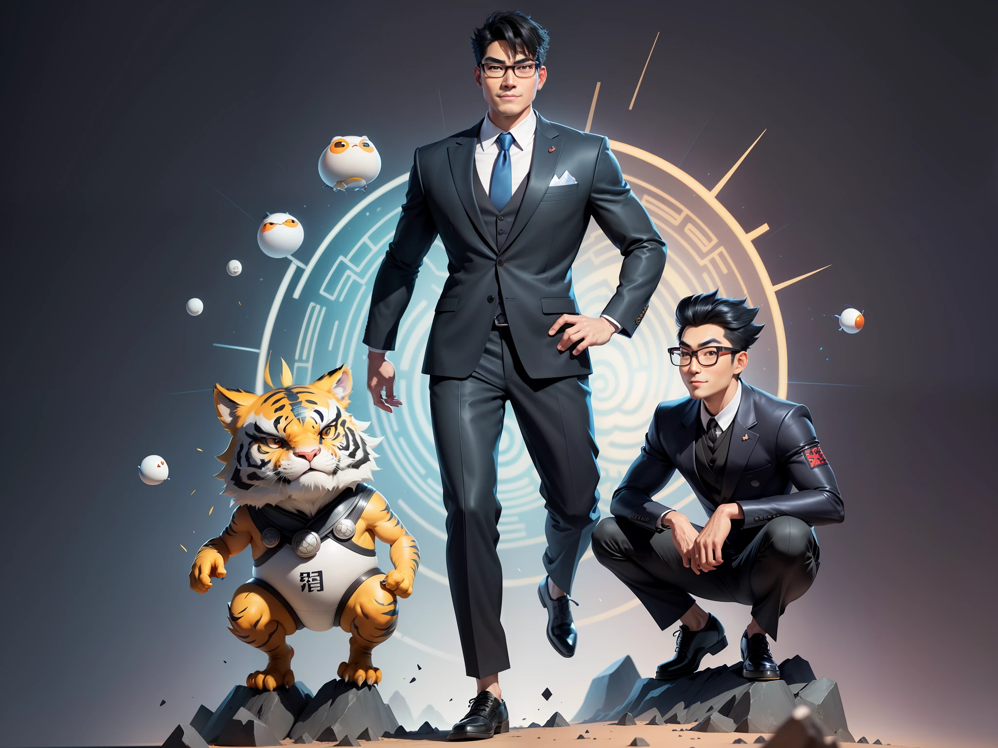 (Masterpiece), (Excellent), (Super Meticulous), (Full Body: 1.2), Super Young Man with Japanese Female Geisha, Pretty, Beautiful, Chinese Dragon, Tiger, Wind God Thor, Sexy, Bursting, Oriental Face, TV Anchor, Bust Portrait Illustration, Black Suit, Blue Tie, Slightly Chubby Face, Silver Glasses, Very Clean Face, No Beard on Chin, Black Super Short Hair, Black Eyes, Confident Smile, 3c Computer Sub-Products, iPad, iPhone, Digital Painting, 3D character design by Mark Clairedon and Pixar and Hayao Miyazaki and Akira Toriyama, the illustrations are HD illustrations in 4K resolution with highly detailed facial features and cartoon-style visuals.