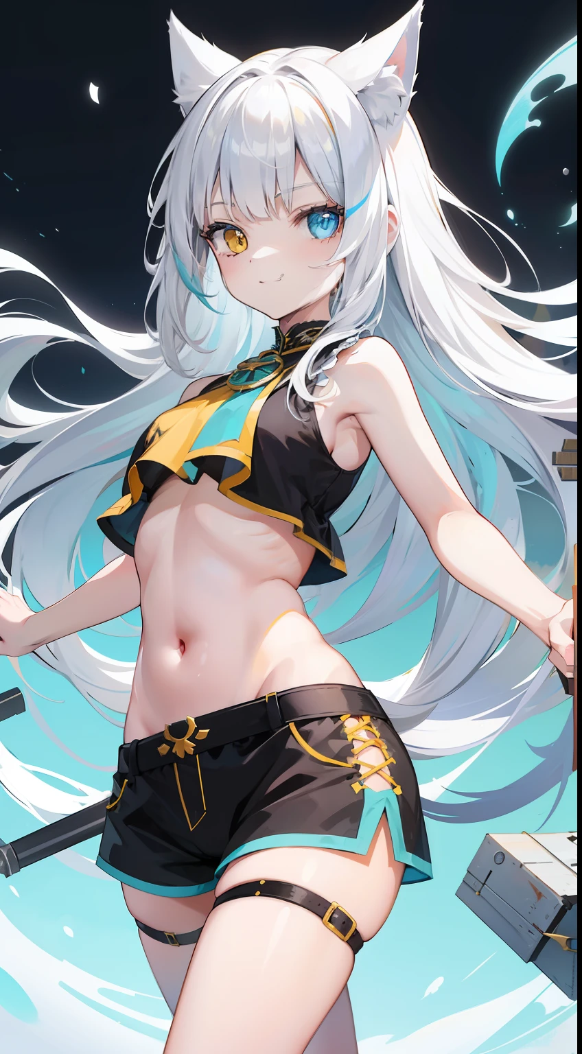 young girl, Long white hair, Cat's ears, Heterochromia, Yellow left and blue right eyes, tight turquoise top, Sleeveless, Shorts, open belly, White patterns on clothes, smirk, Daggers, Masterpiece, hiquality