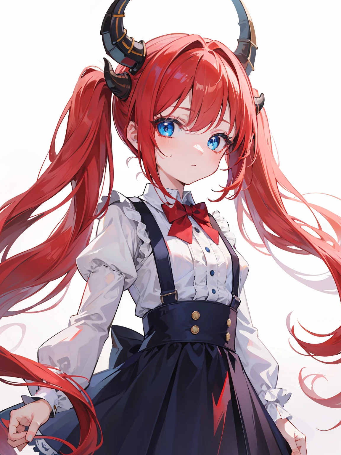 {{best quality}}, {{masterpiece}}, {{ultra-detailed}}, {illustration}, {detailed light}, red hair,blue eyes,twintails,lolita,Suspenders skirt,Fantastic,loli,solo,Dragon horns, girl,long hair