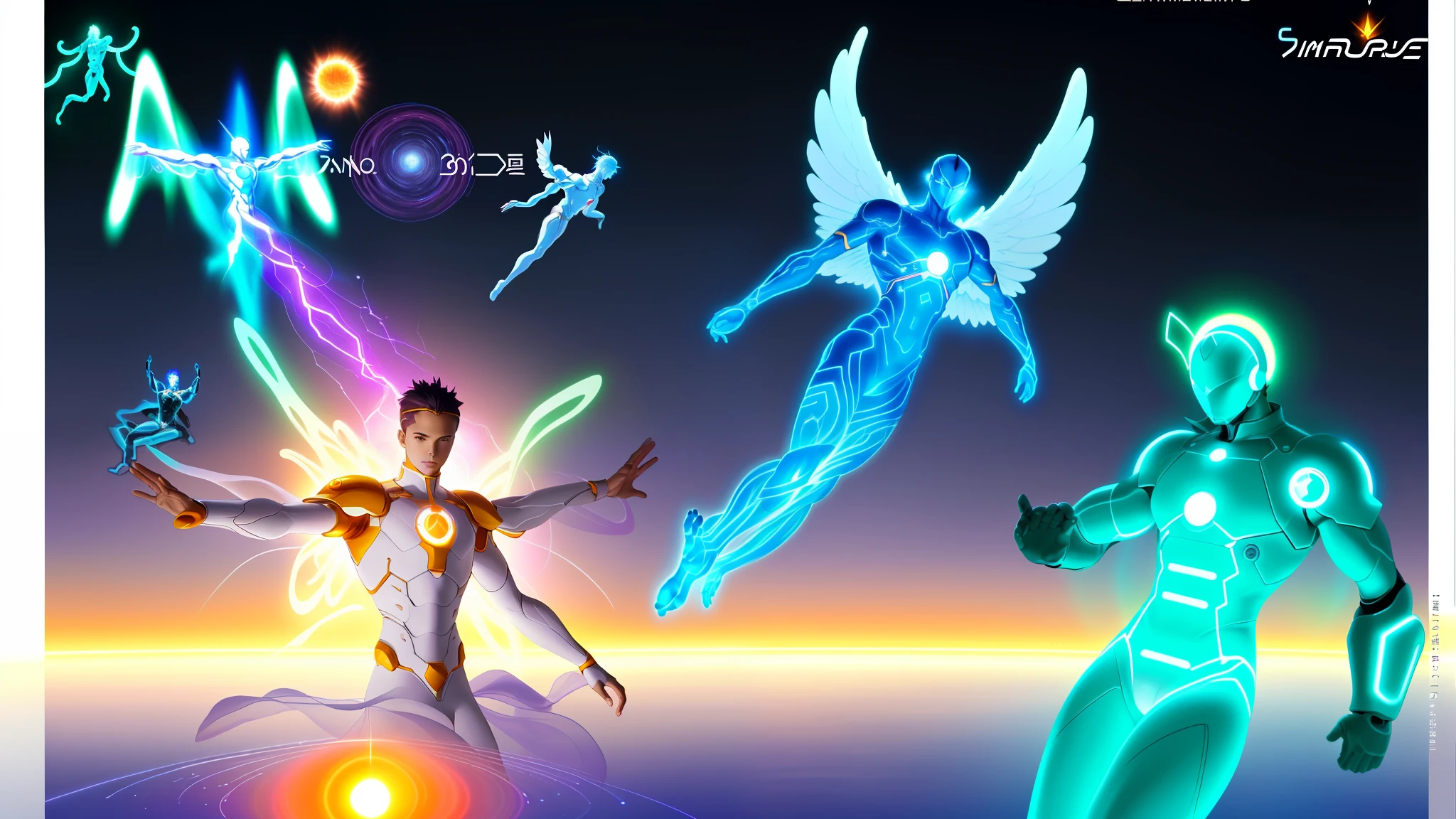 There are three different images of various men with different poses, A man with six arms, some cosmic angels, energetic beings patrolling, inspirado em Hiromu Arakawa, arte de fundo, Energy Dynamic Pose, Power of the Auras, Potencializando a Aura, an epic anime of a energy man, energia do toro, seres solares, Transhumanist Dance, inspired by Mœbius, 8k, Ultra realista