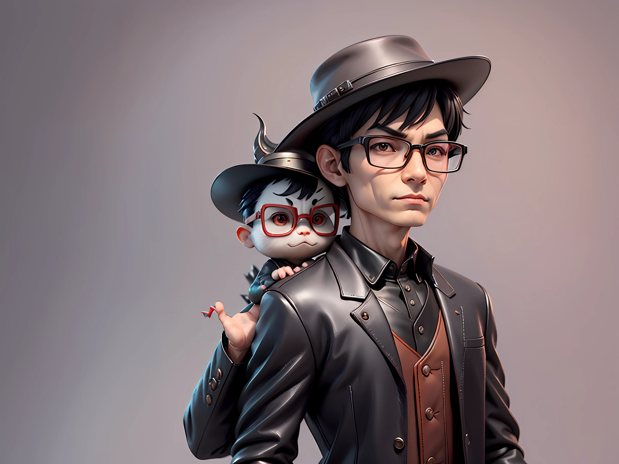 Young man with oriental face in leather hat, dragon, formal suit, short black hair, silver glasses, digital painting, 3D character design by Mark Clairedon and Pixar and Hayao Miyazaki and Akira Toriyama, the illustration is a high-definition illustration in 4K resolution with very detailed facial features and cartoon-style visuals.